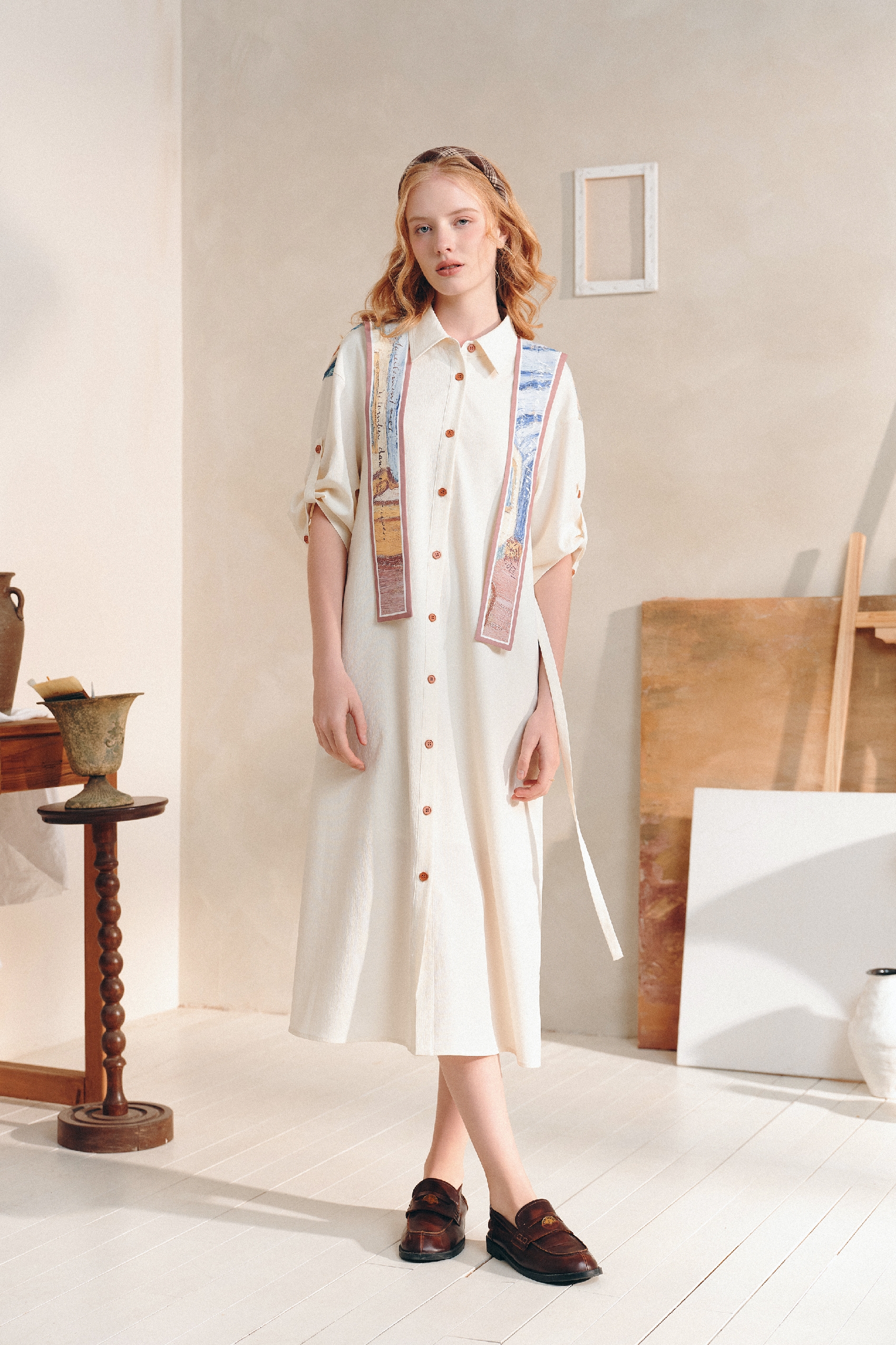 White Waist-Cinched Dress