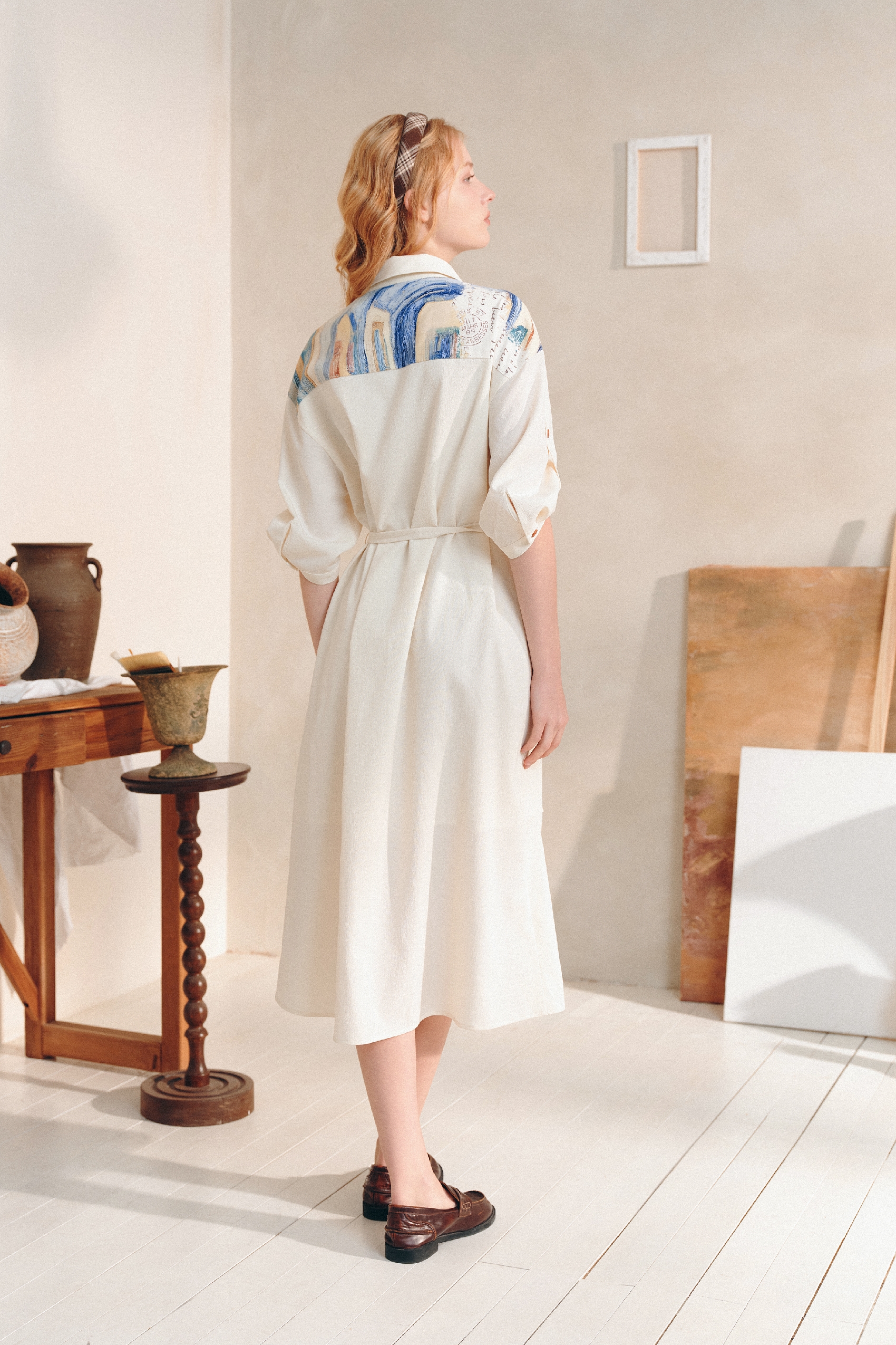 White Waist-Cinched Dress