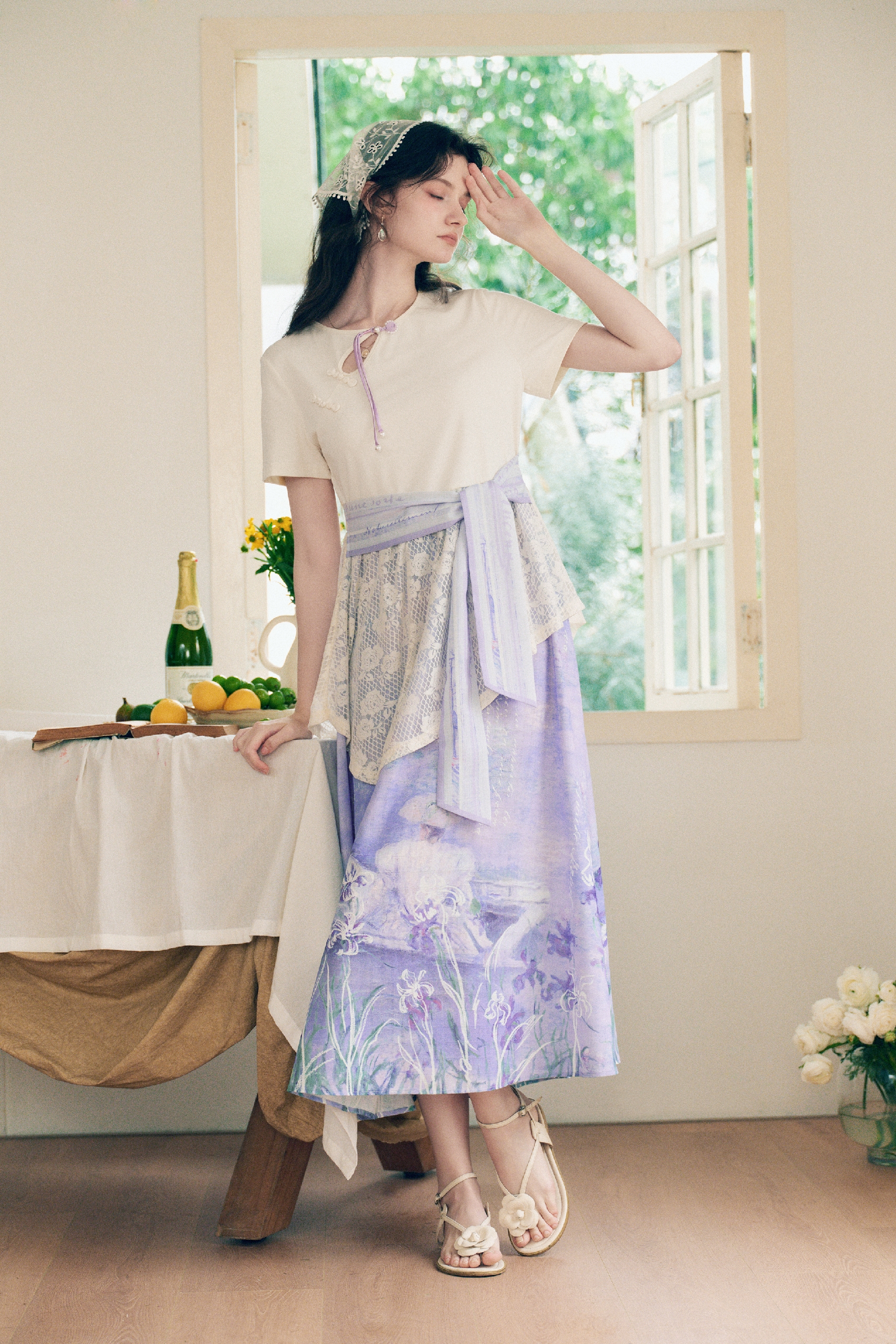 Frog Button Lace Patchwork Dress