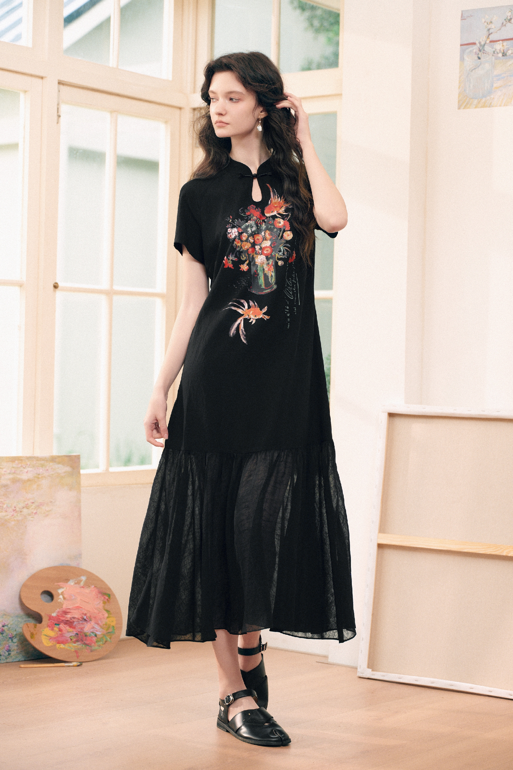 Frog Button Printed Dress
