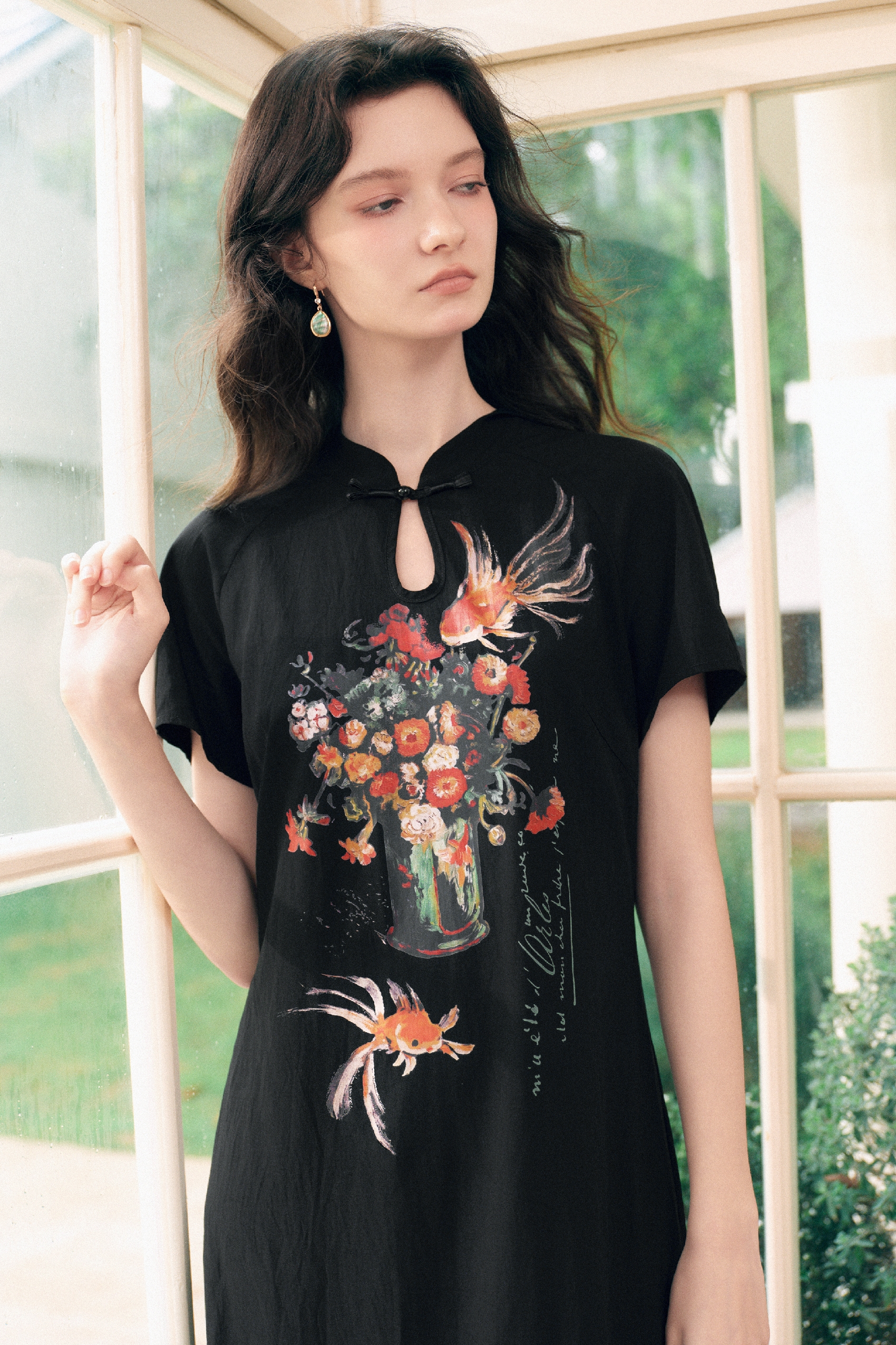 Frog Button Printed Dress