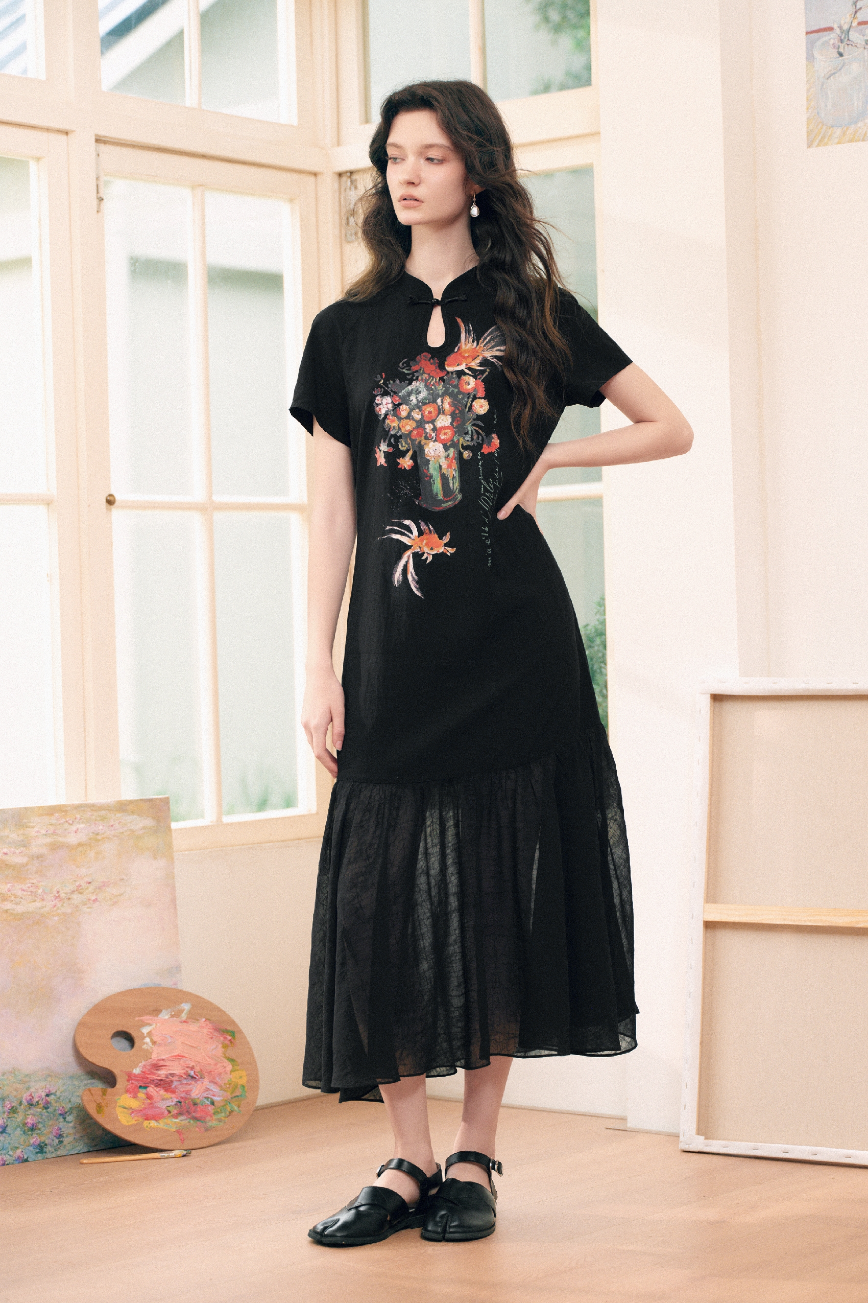 Frog Button Printed Dress