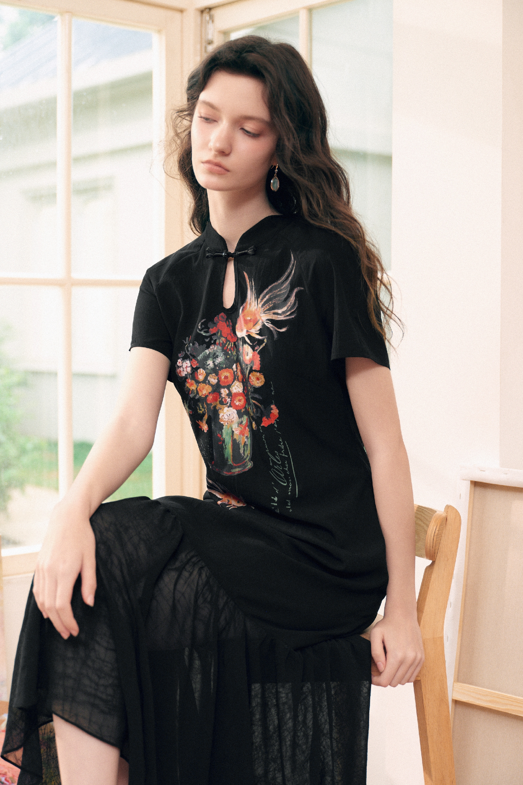 Frog Button Printed Dress