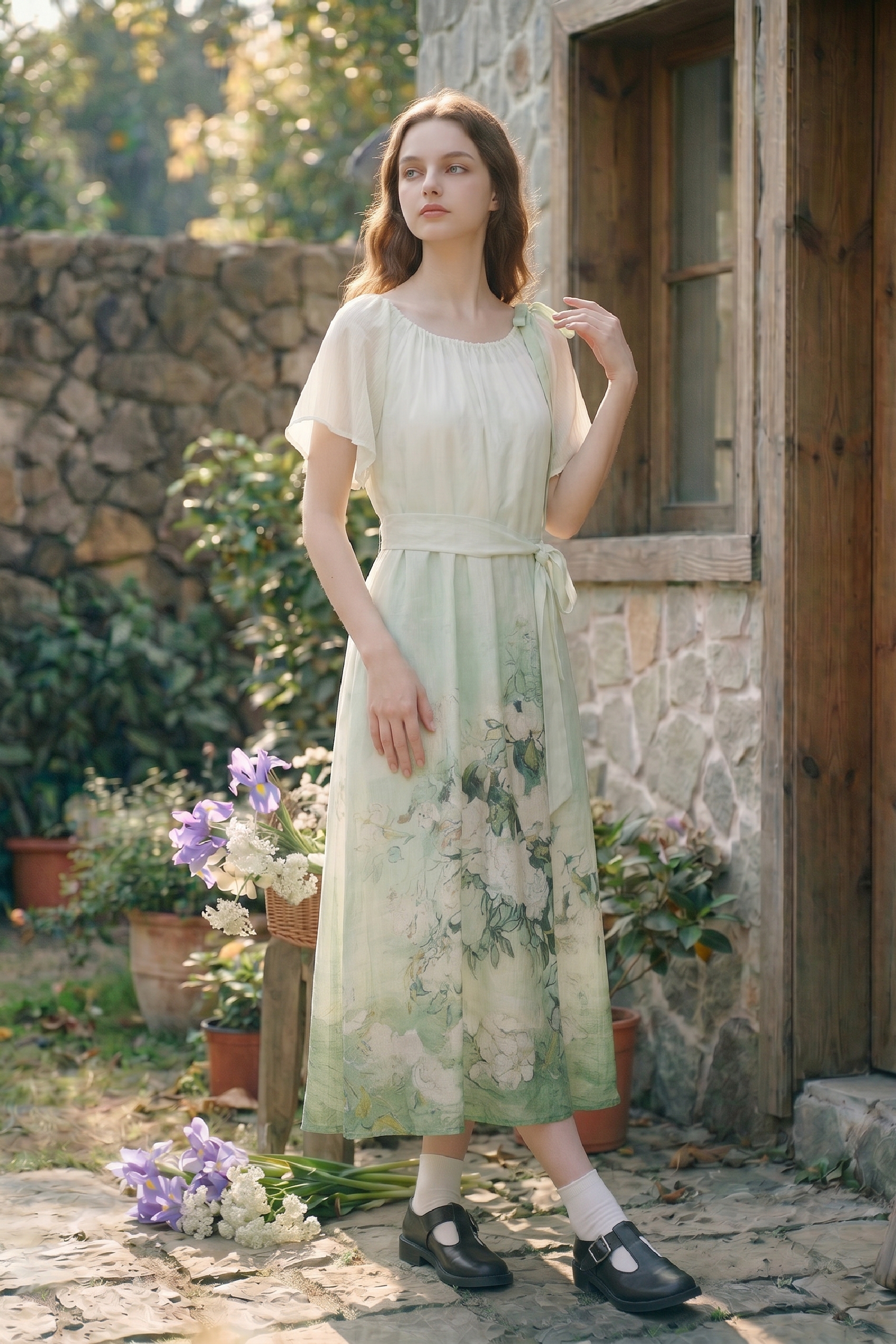 Waist-Cinched Printed Dress-LYONSENS