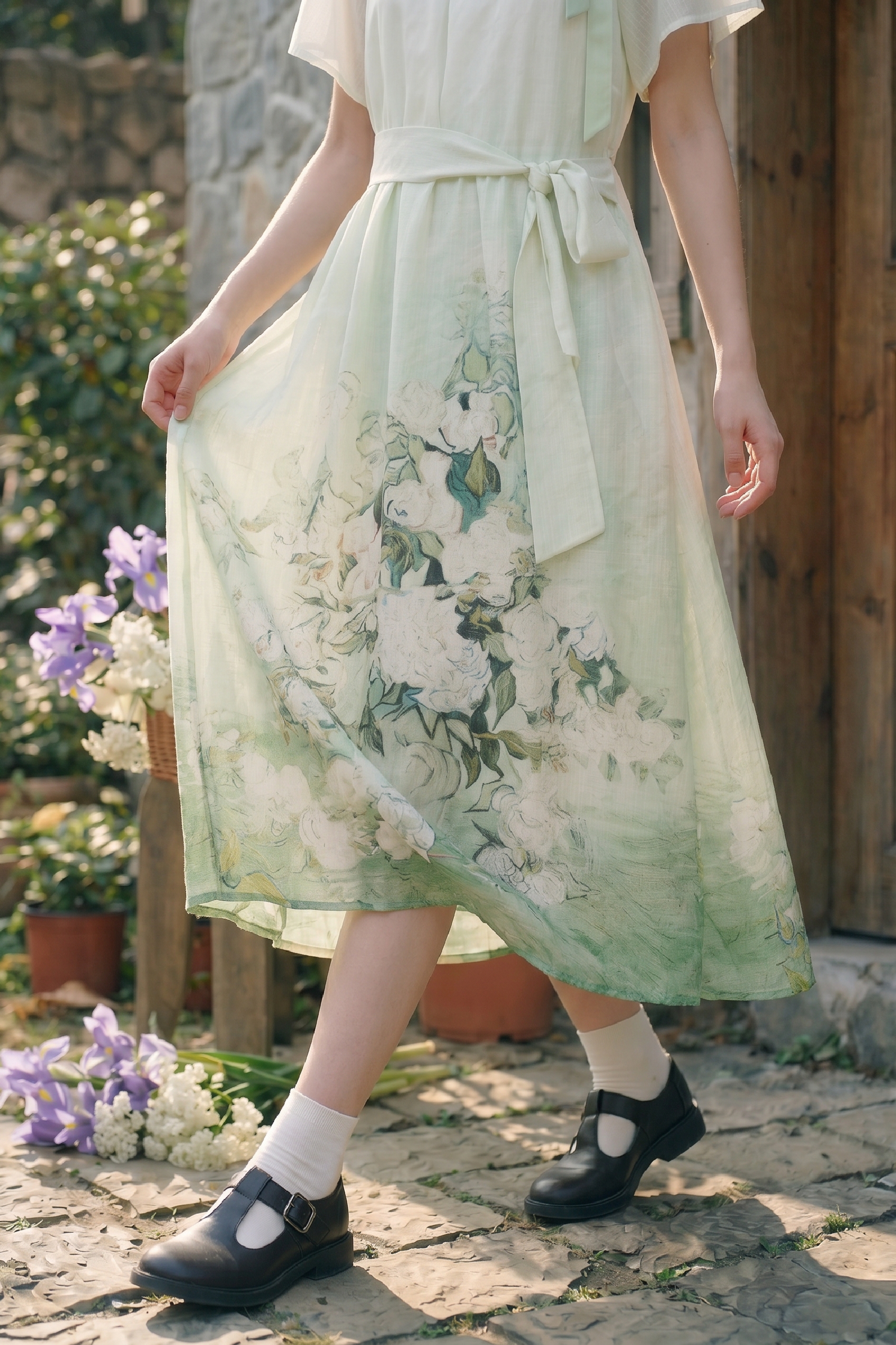 Waist-Cinched Printed Dress-LYONSENS