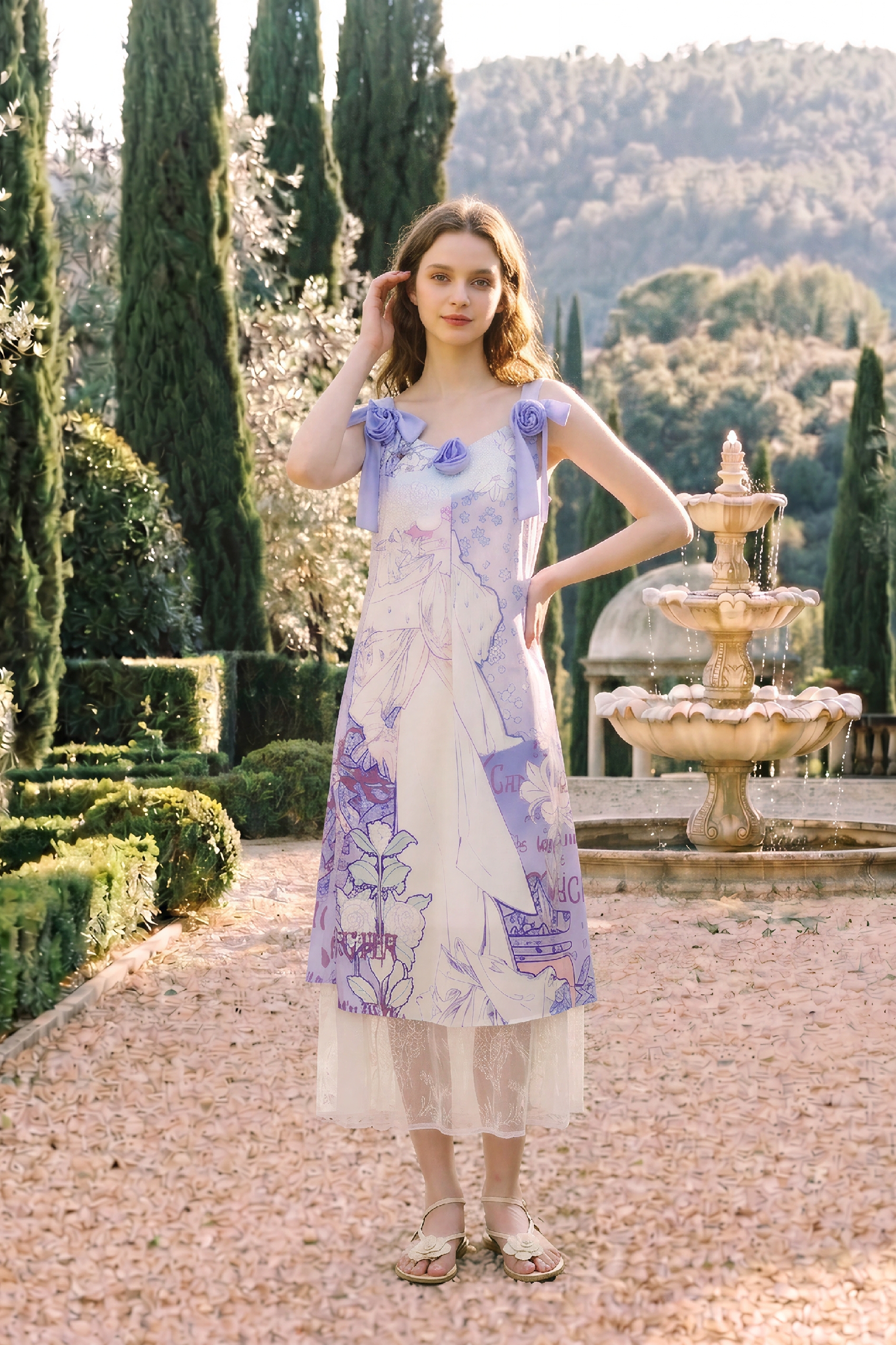 Printed Waist-tied Cami Dress-LYONSENS