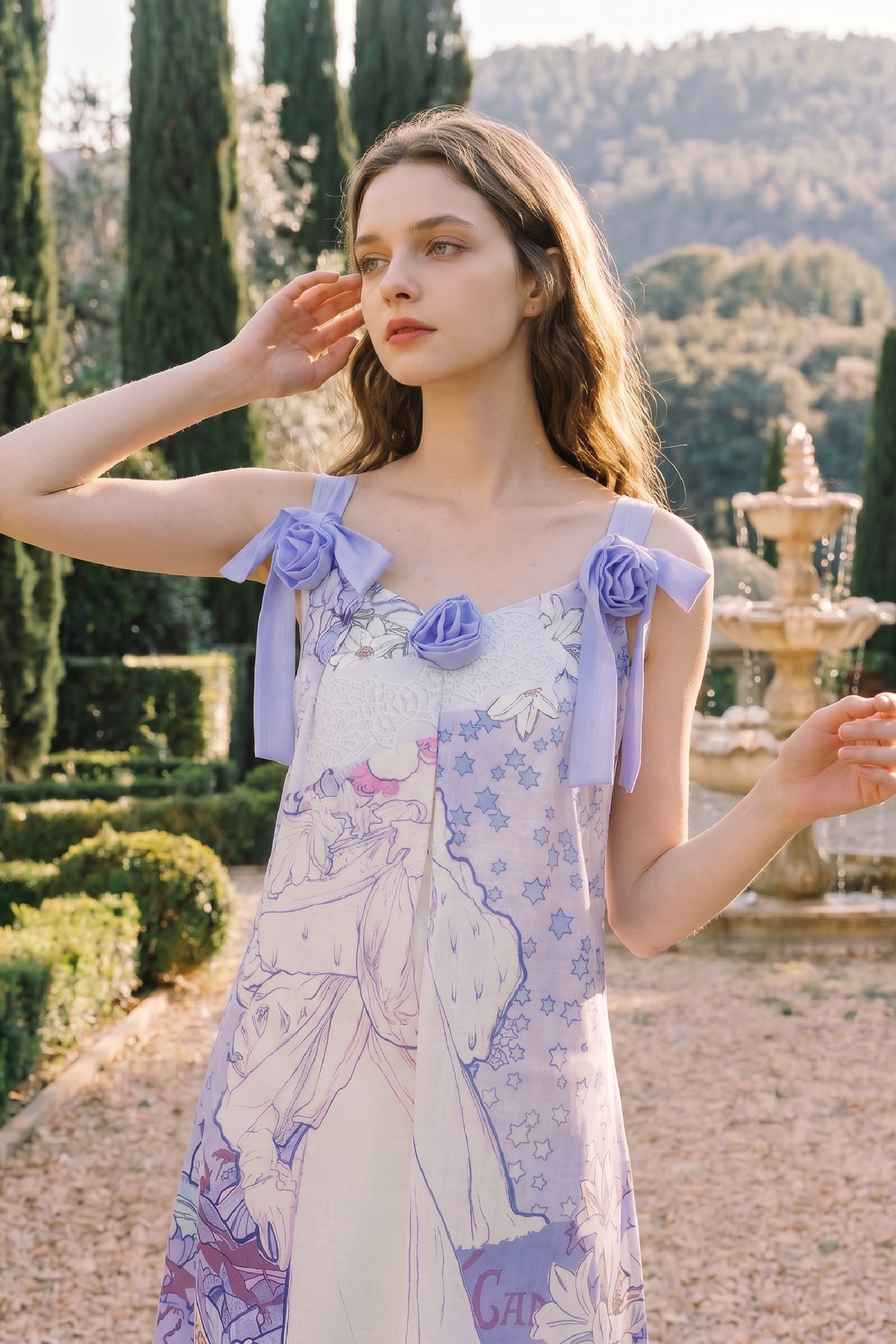 Printed Waist-tied Cami Dress-LYONSENS