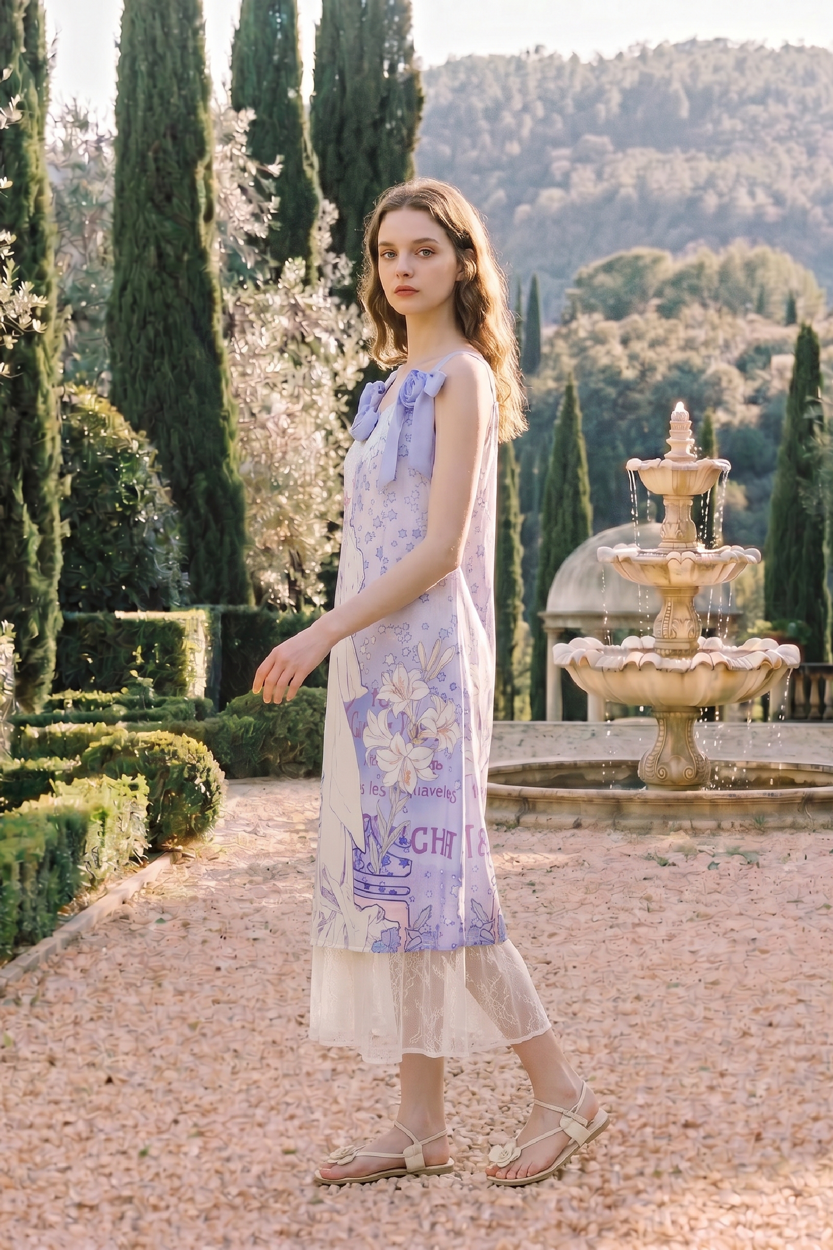 Printed Waist-tied Cami Dress-LYONSENS