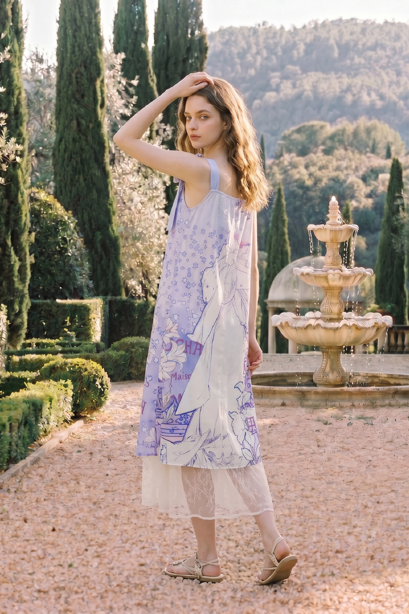 Printed Waist-tied Cami Dress-LYONSENS