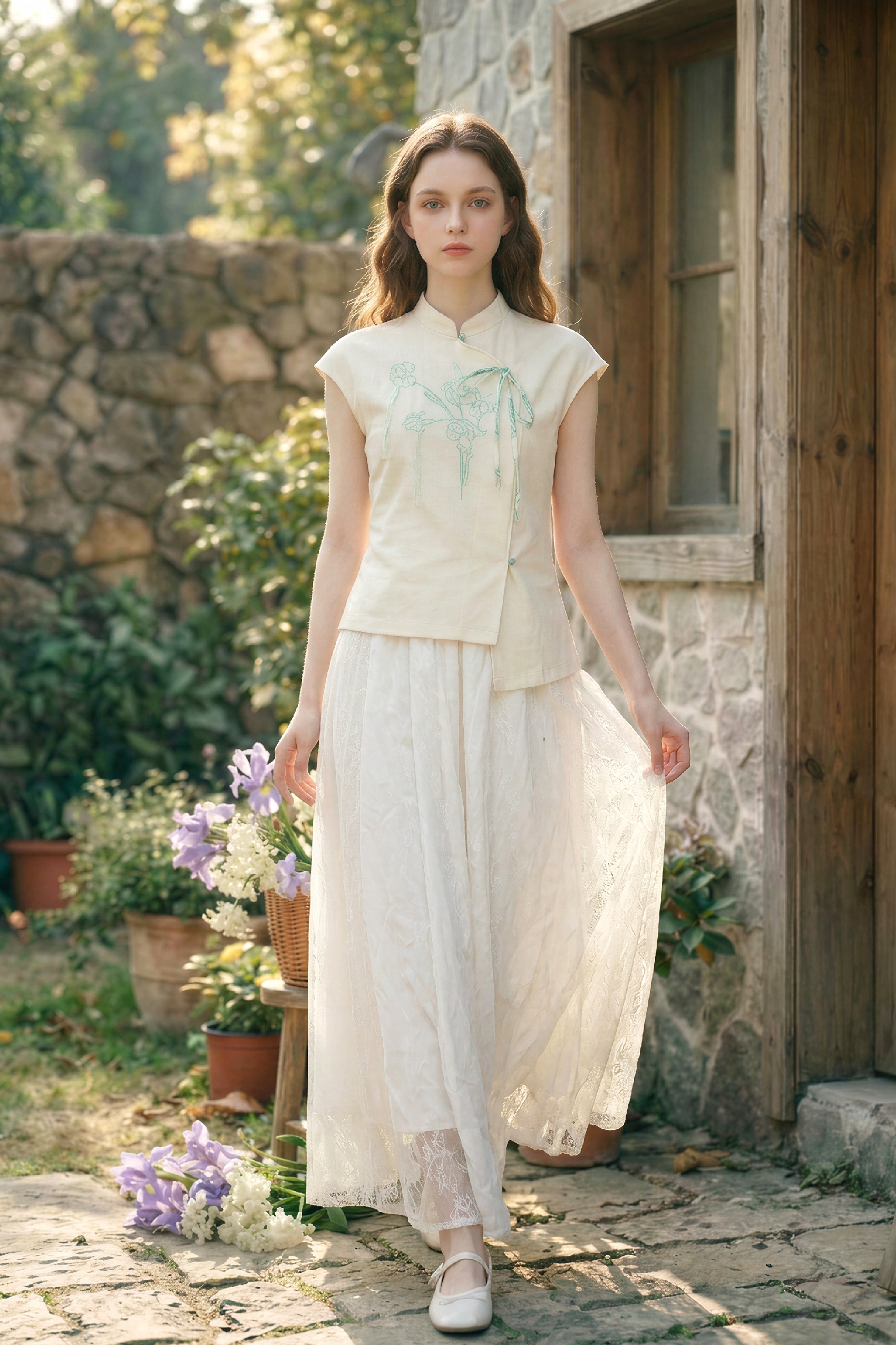 Ruffled Embroidered T-Shirt