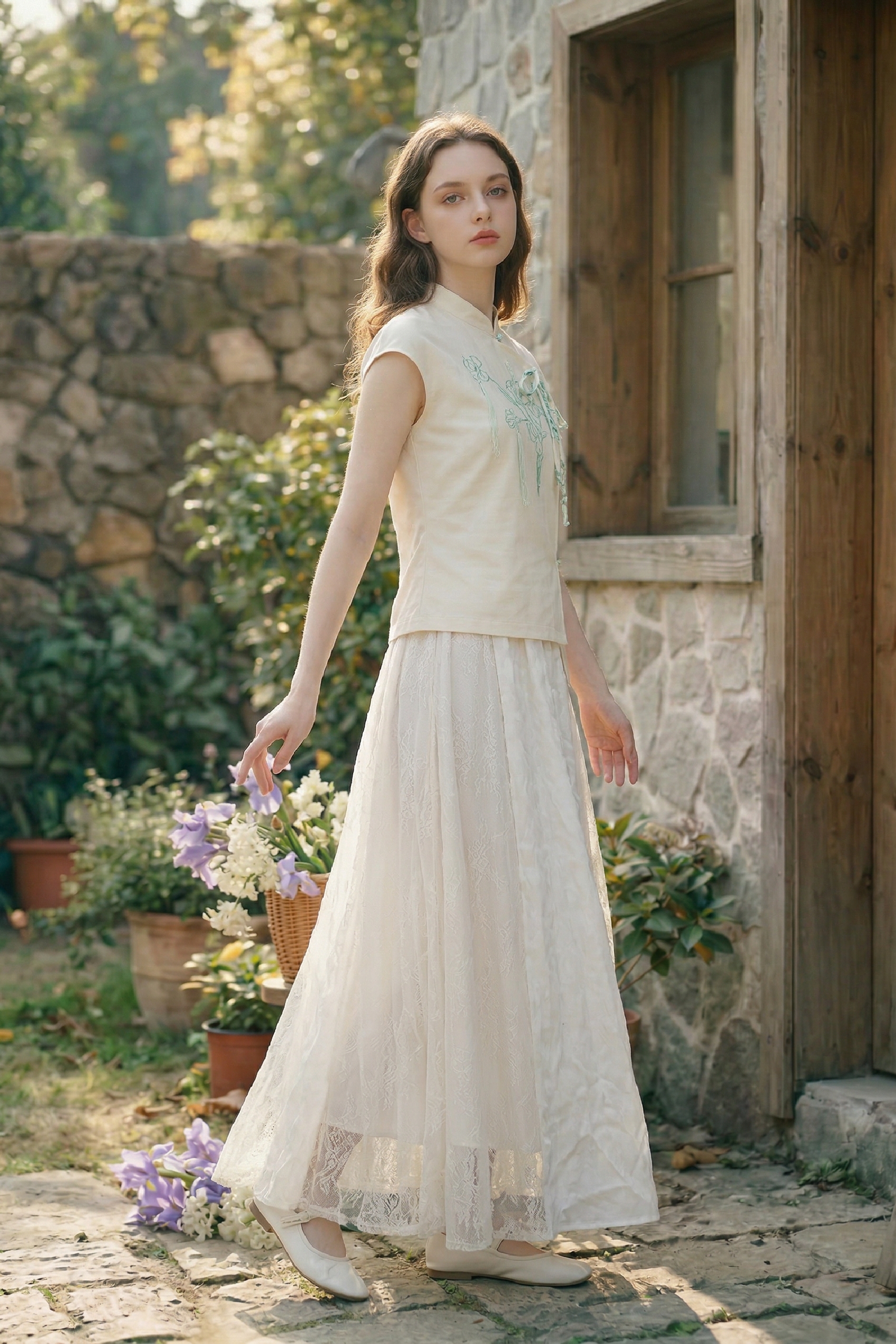 Ruffled Embroidered T-Shirt