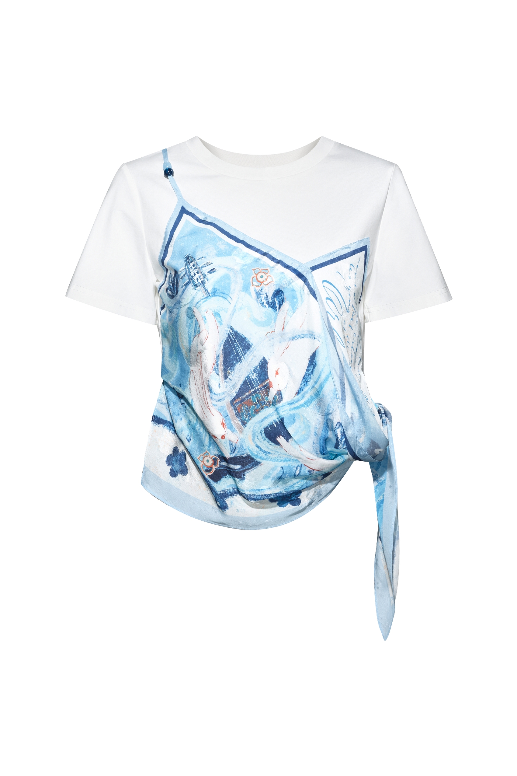 Scarf Print Patchwork Short-sleeve T-shirt-LYONSENS