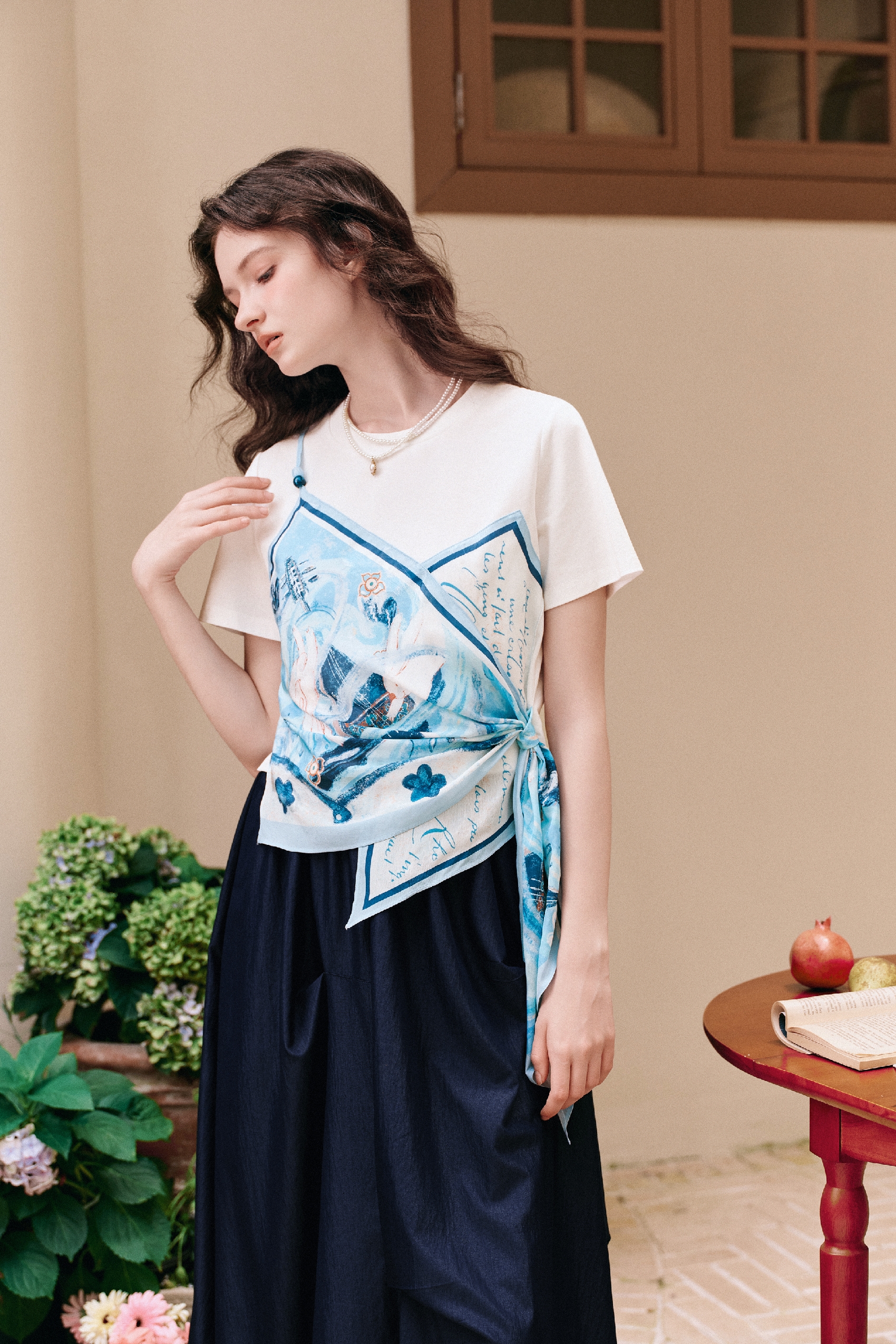 Scarf Print Patchwork Short-sleeve T-shirt-LYONSENS