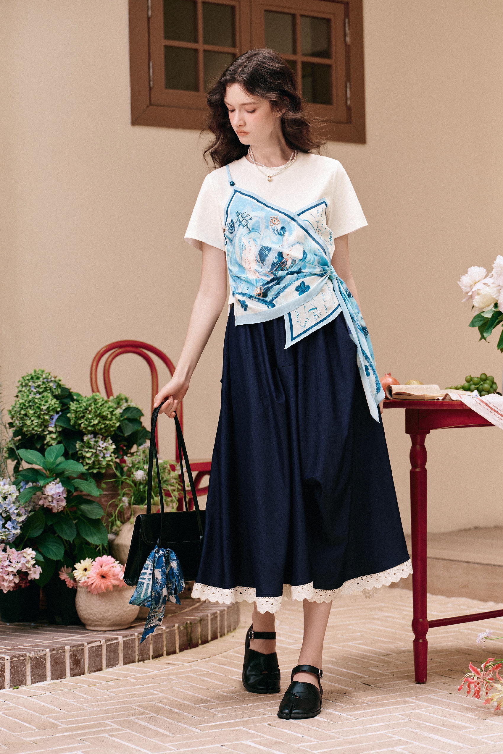 Scarf Print Patchwork Short-sleeve T-shirt-LYONSENS