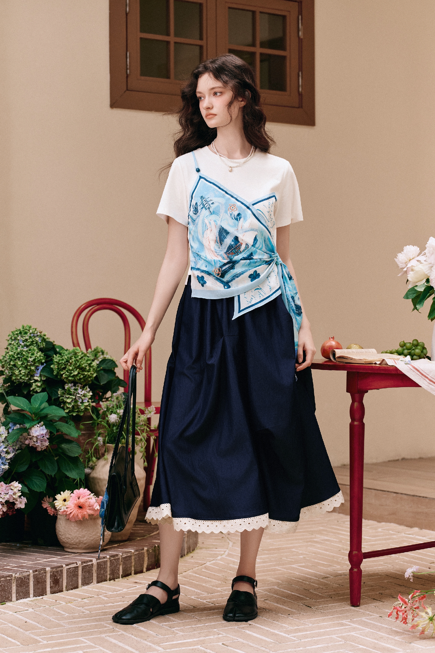 Scarf Print Patchwork Short-sleeve T-shirt-LYONSENS