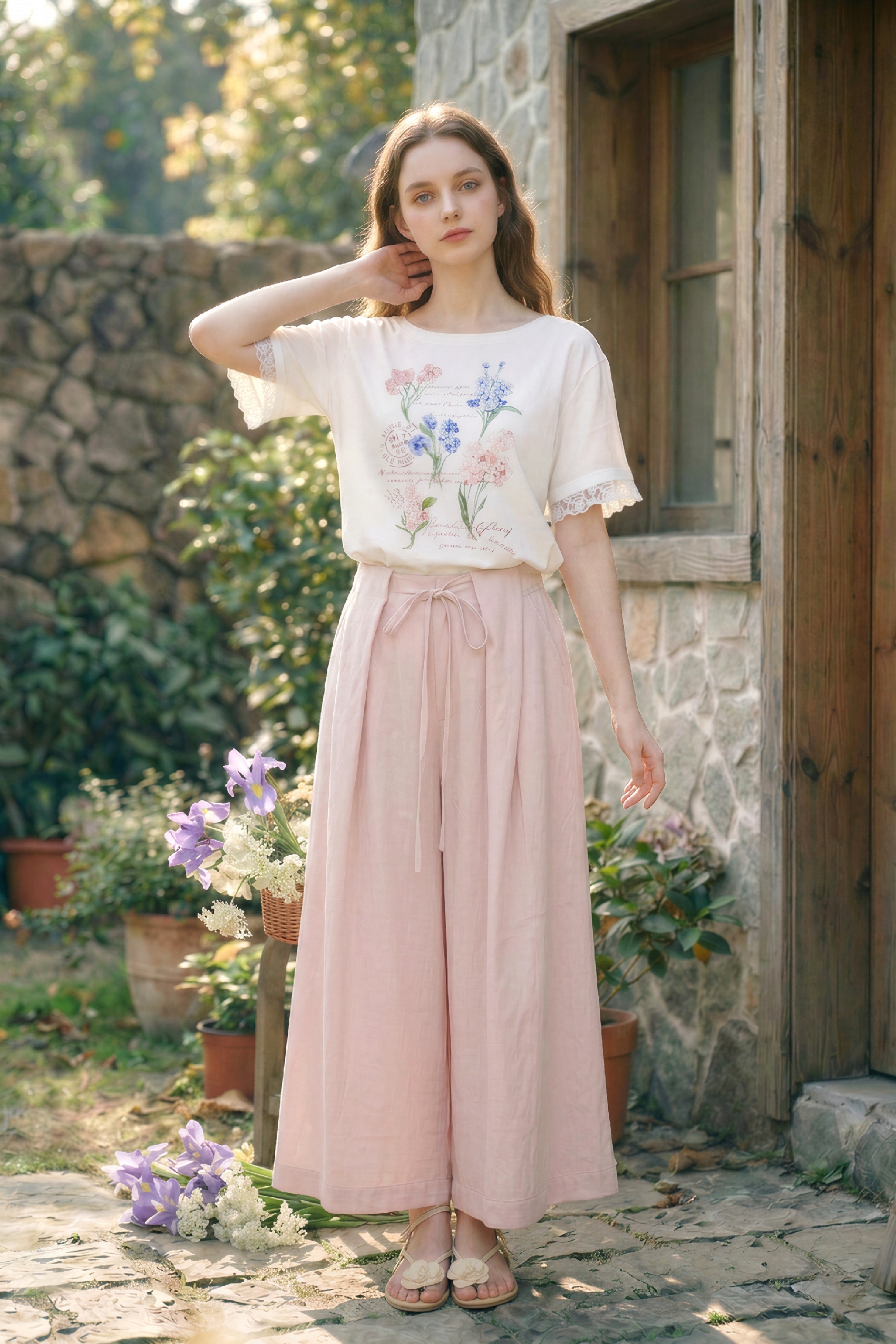 Floral Print Lace-trimmed Short-sleeve T-shirt