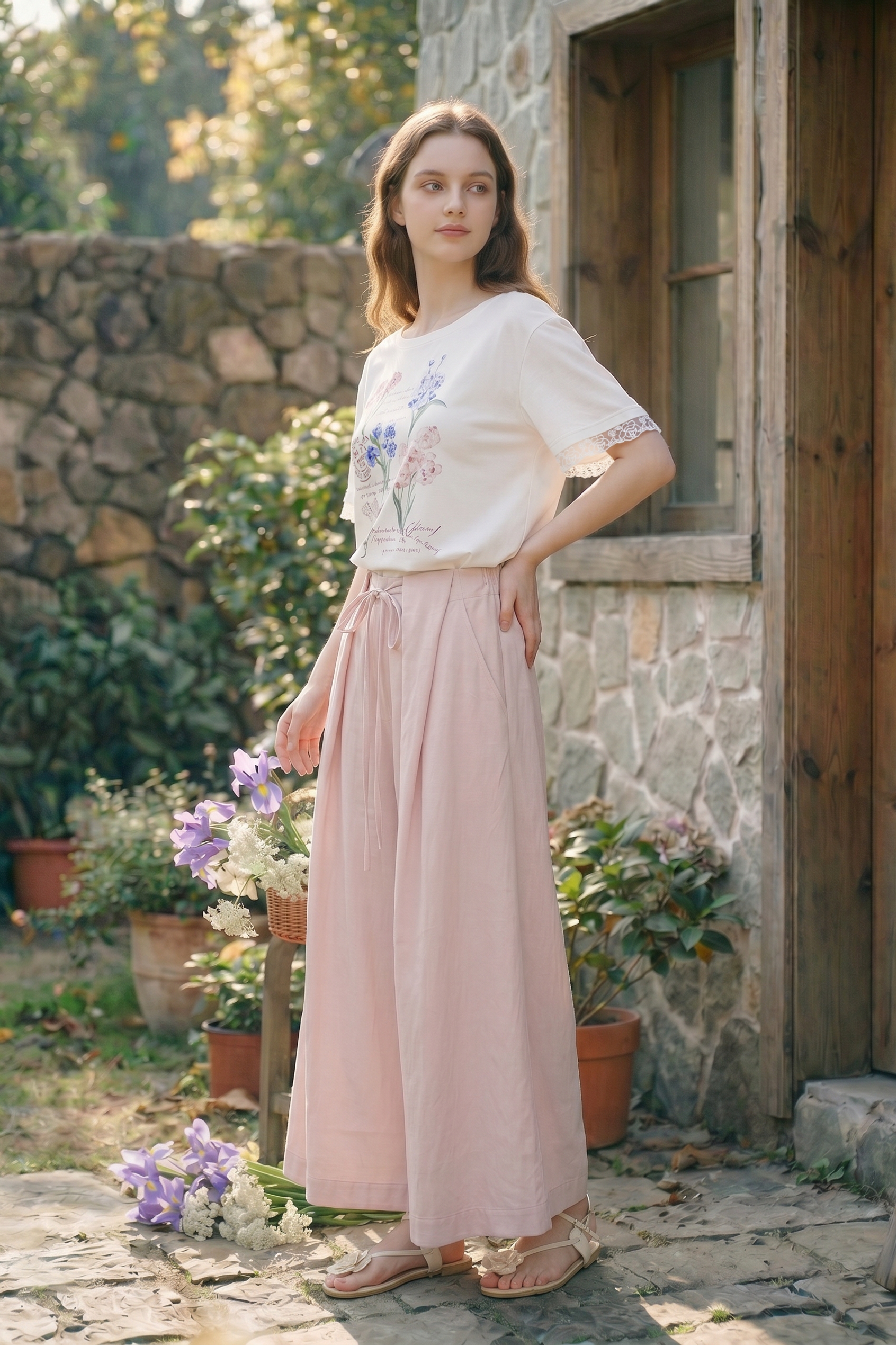 Floral Print Lace-trimmed Short-sleeve T-shirt