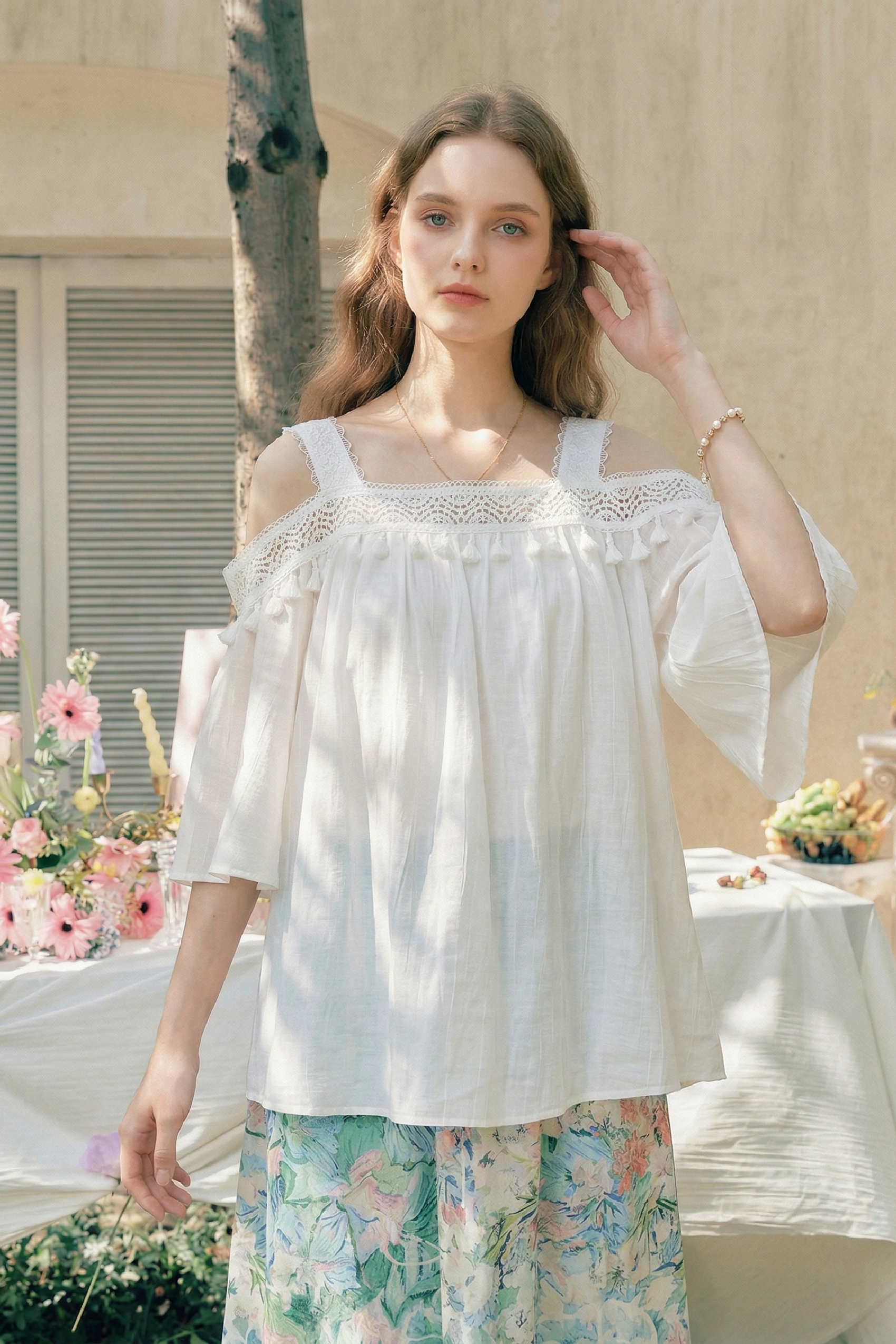 Oil Painting Skirt & Lace Top Set