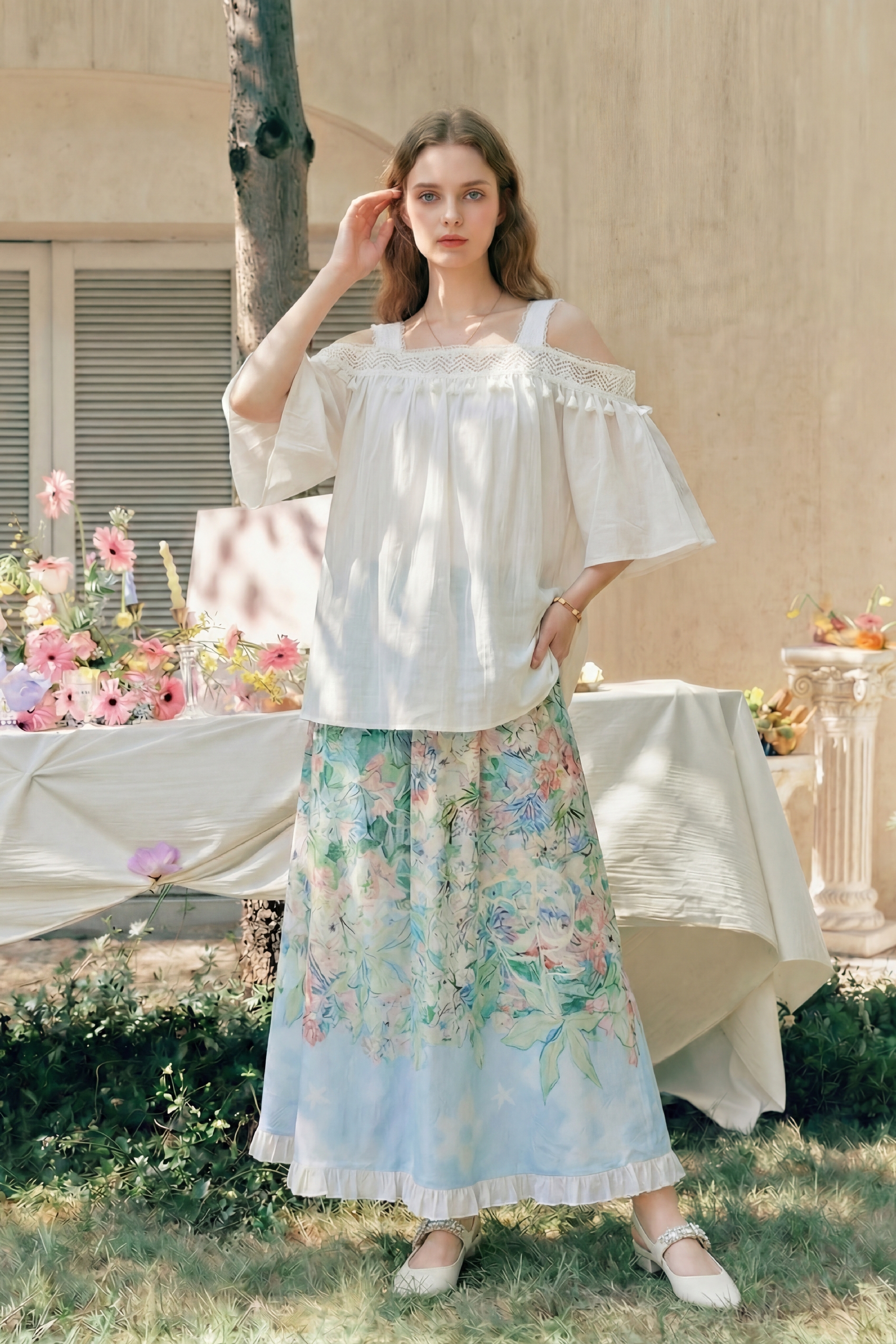 Oil Painting Skirt & Lace Top Set