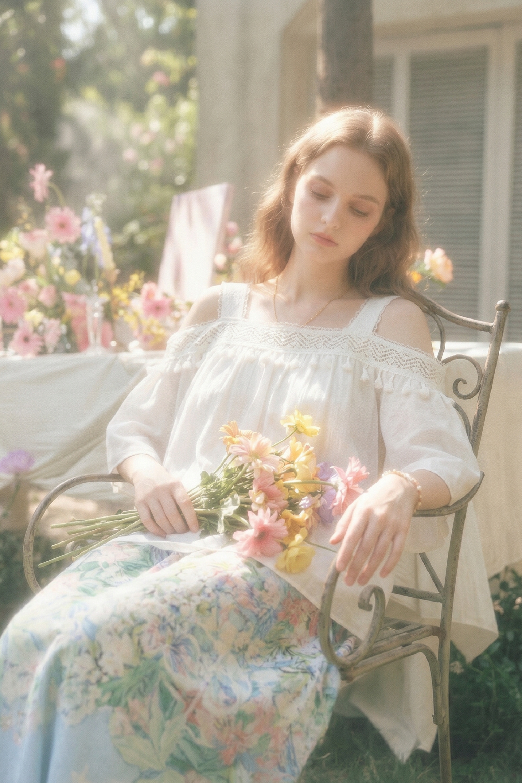 Oil Painting Skirt & Lace Top Set