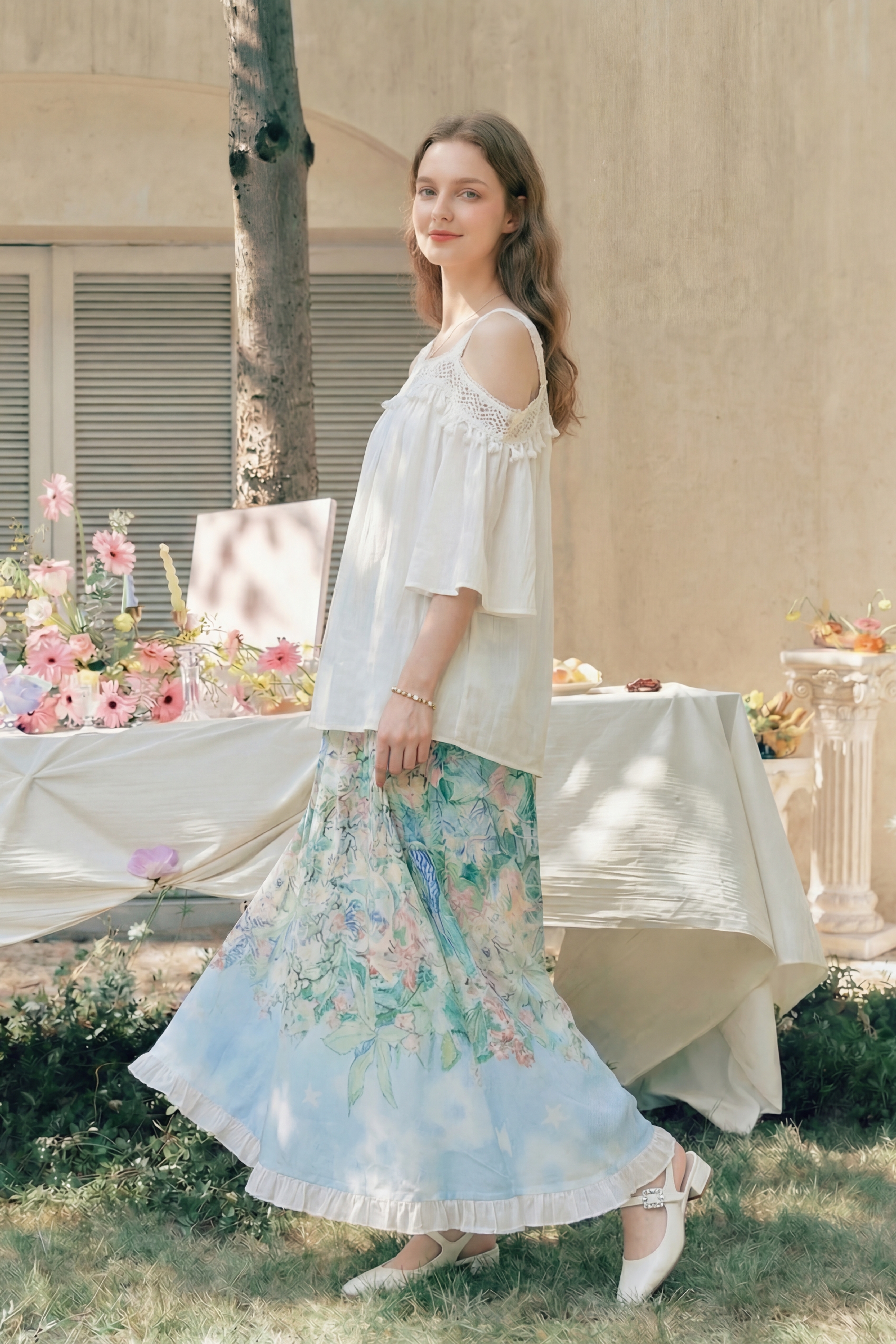 Oil Painting Skirt & Lace Top Set