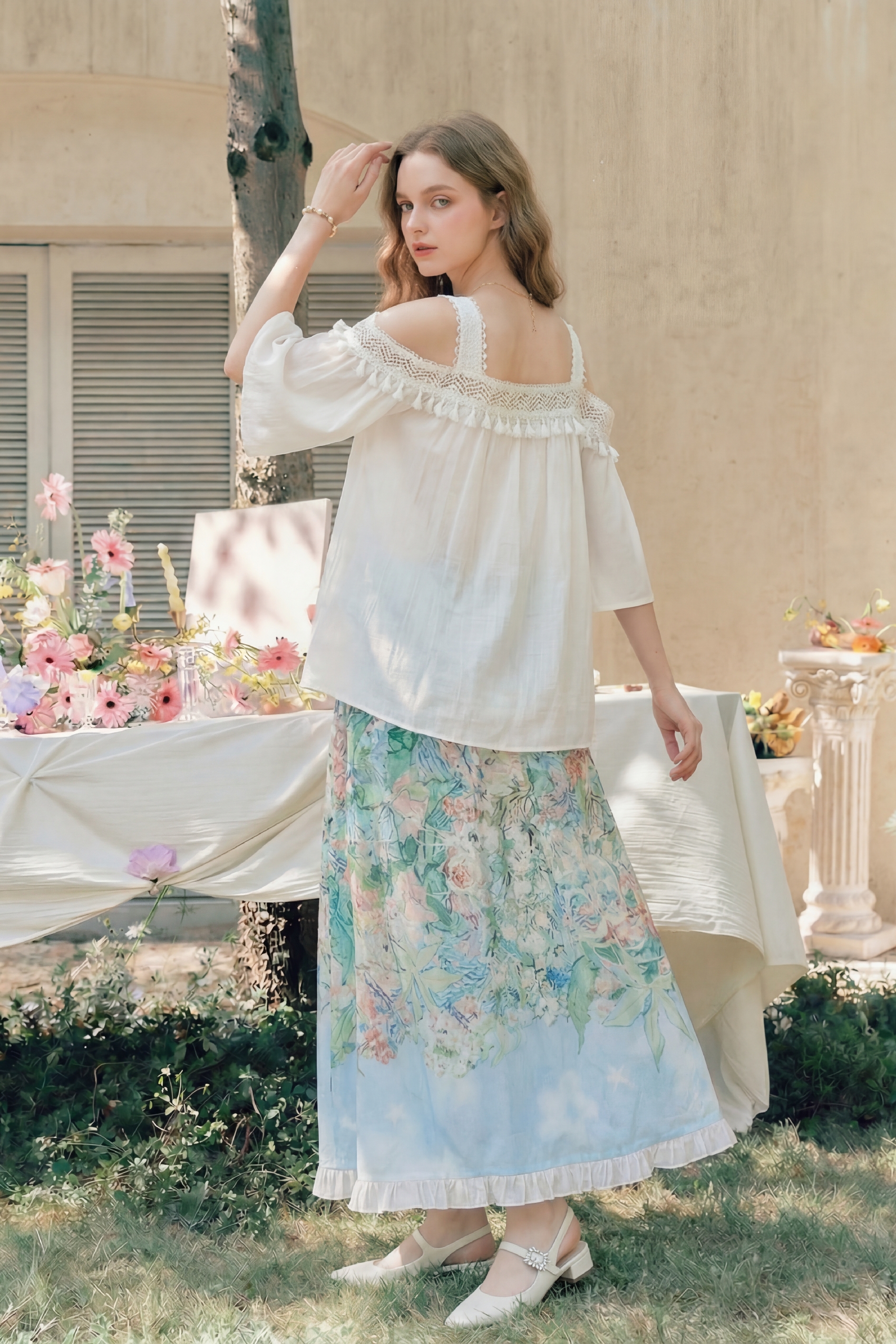 Oil Painting Skirt & Lace Top Set