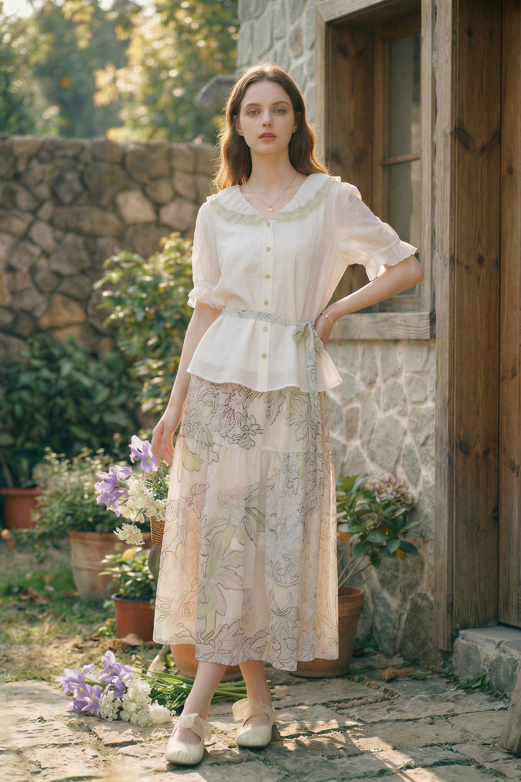 Lapel Top and Floral Skirt Set