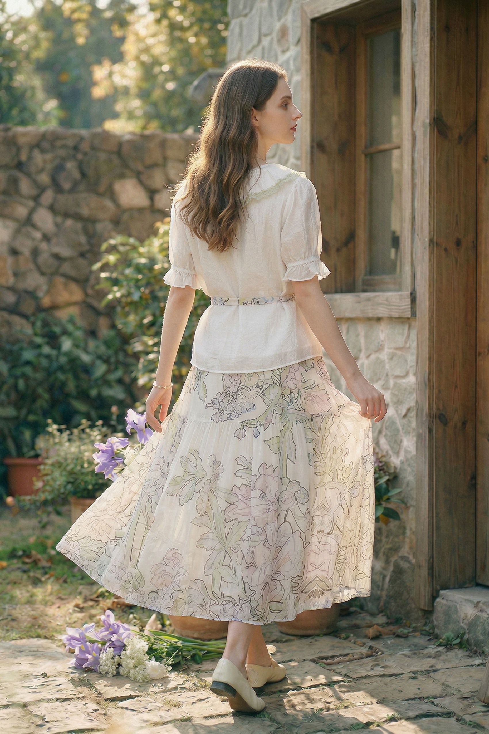 Lapel Top and Floral Skirt Set
