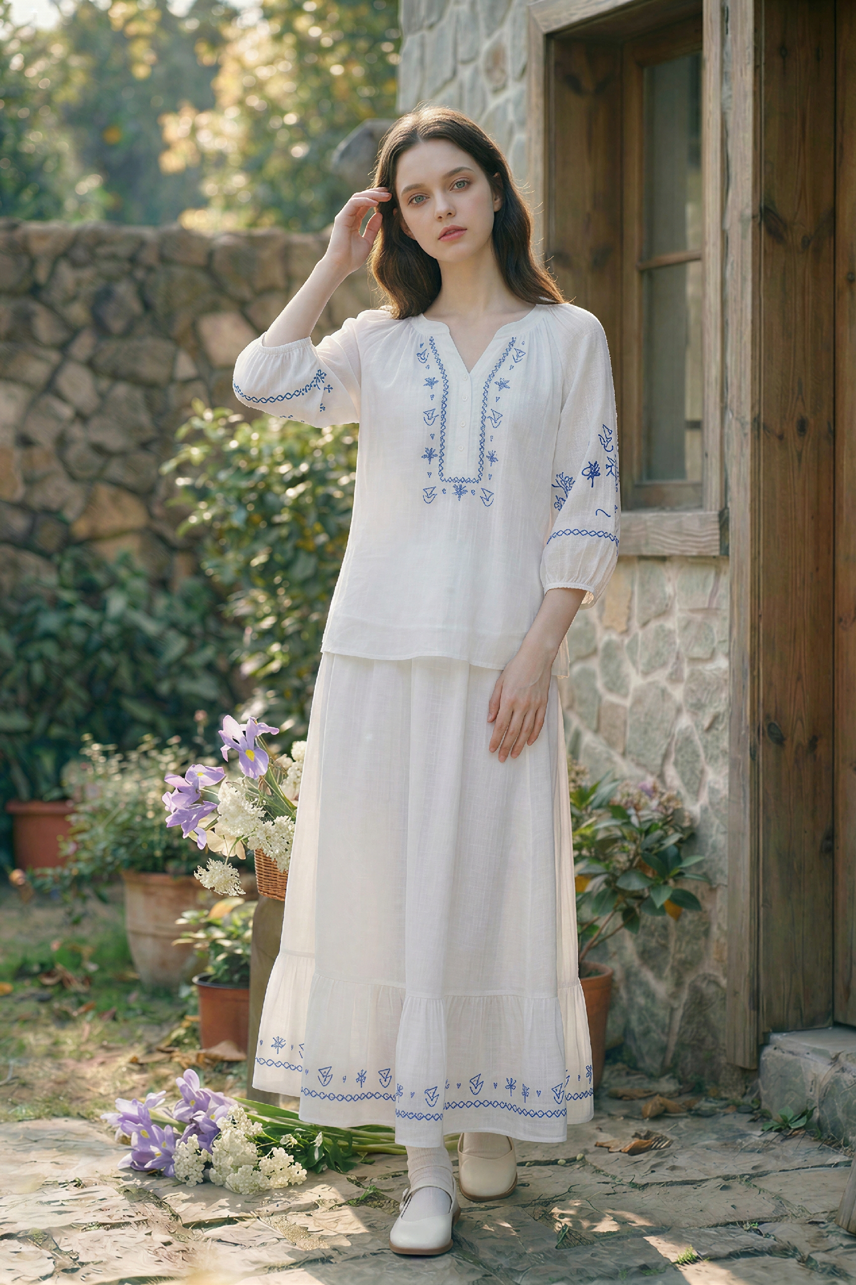 White Embroidered Top and Skirt Set
