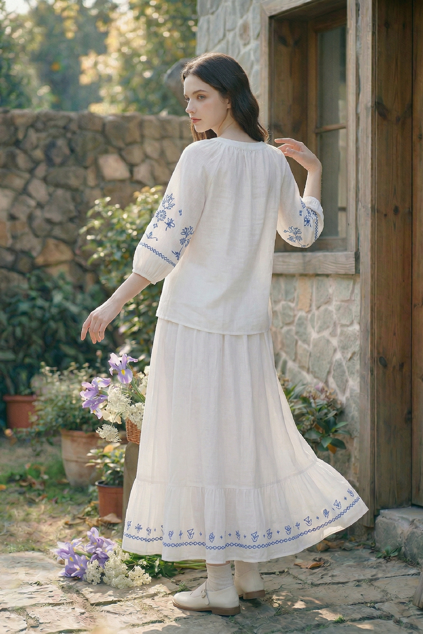 White Embroidered Top and Skirt Set