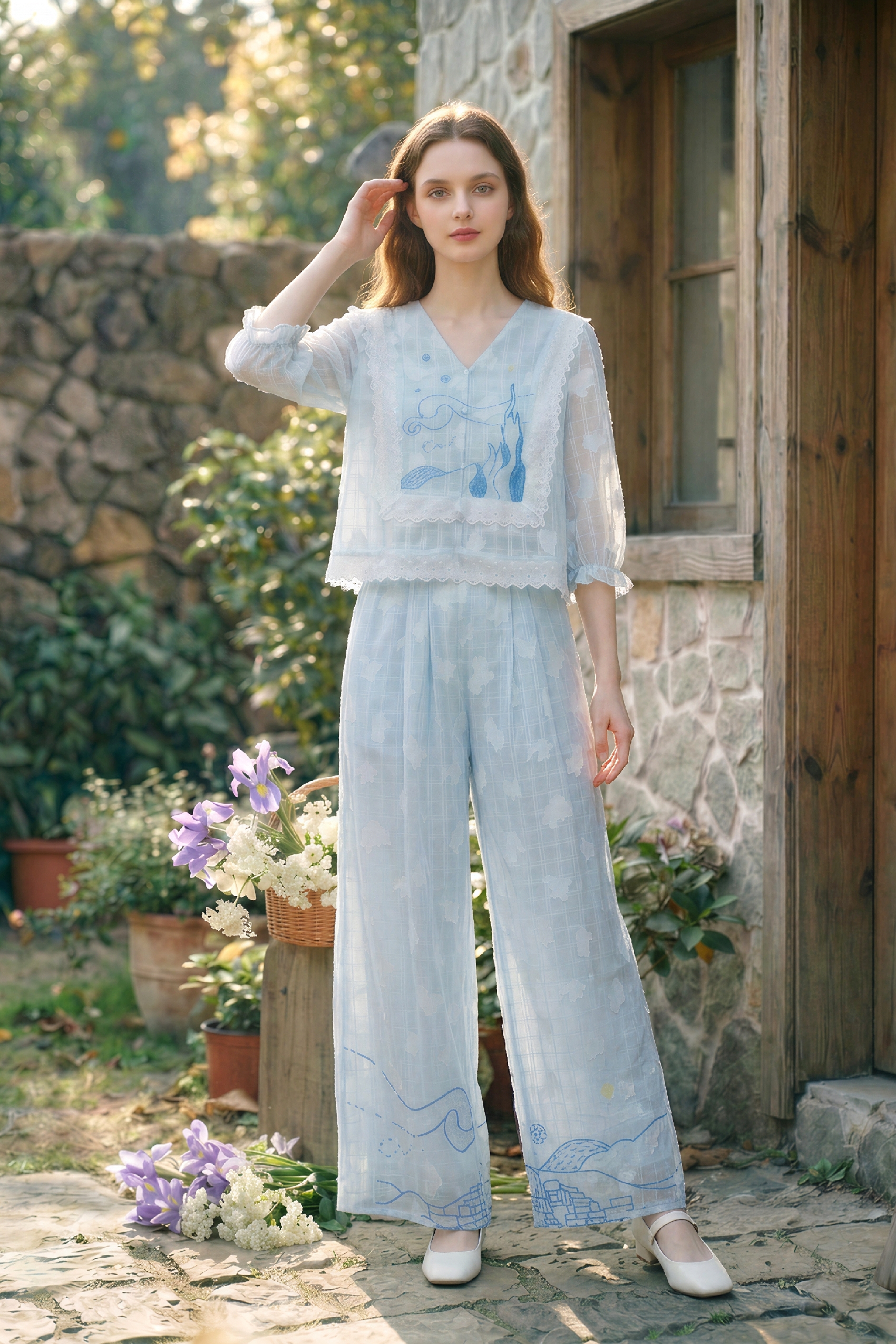 Lace Top and Printed Pants Set