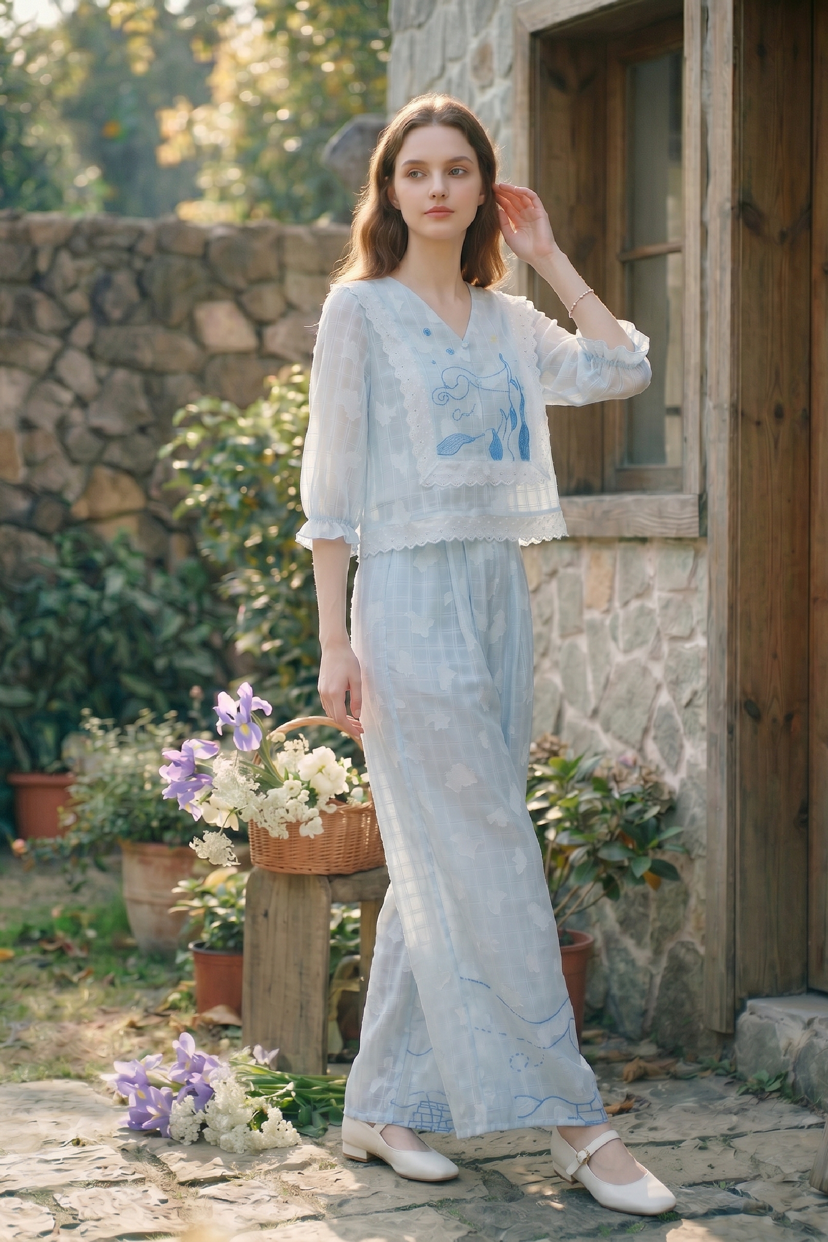 Lace Top and Printed Pants Set