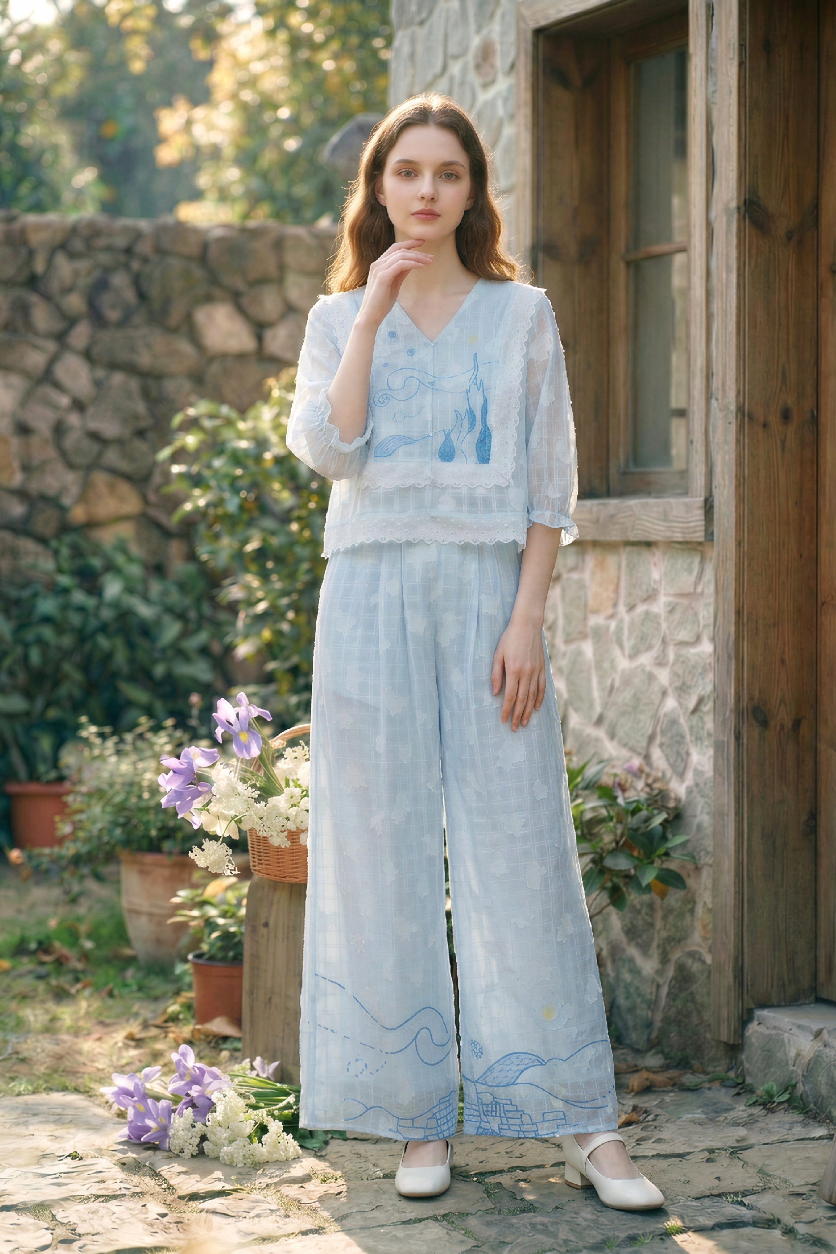 Lace Top and Printed Pants Set