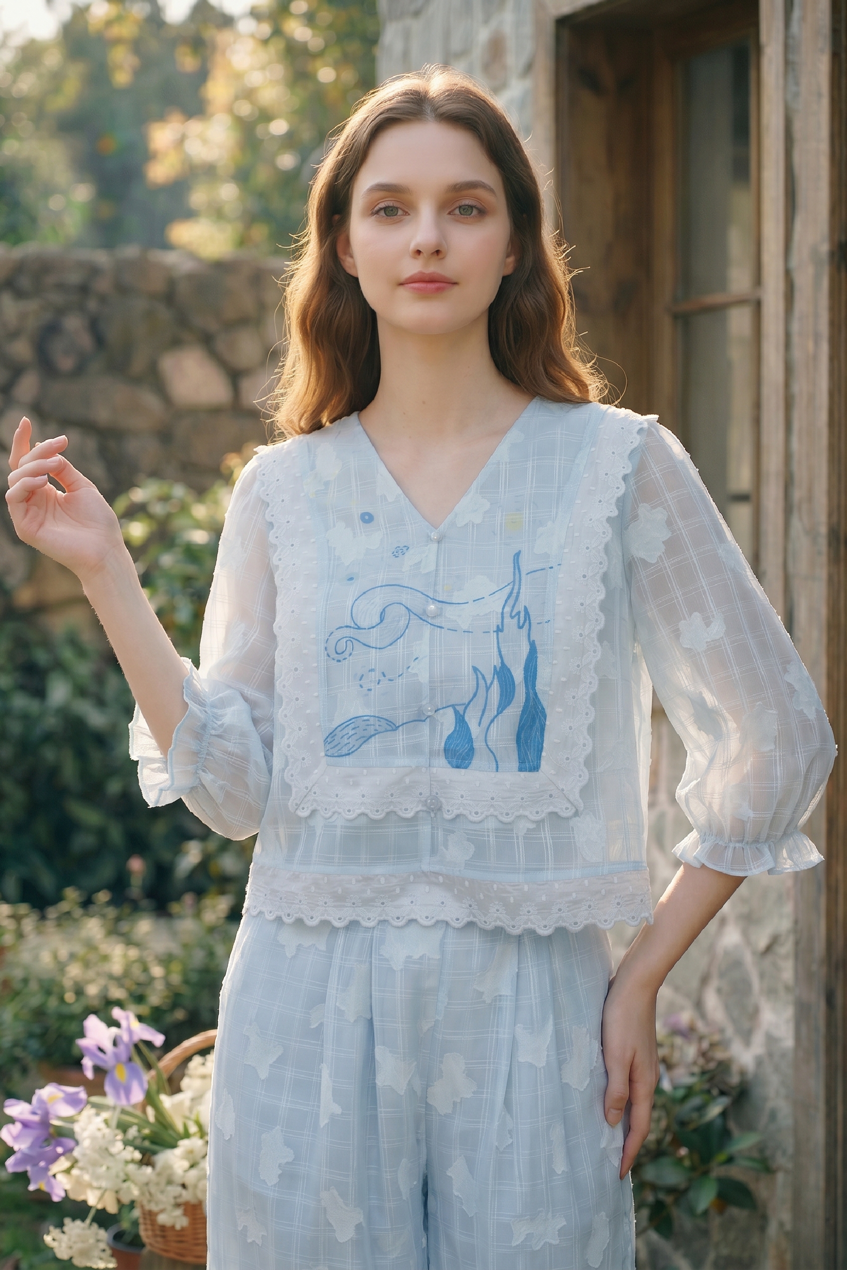 Lace Top and Printed Pants Set