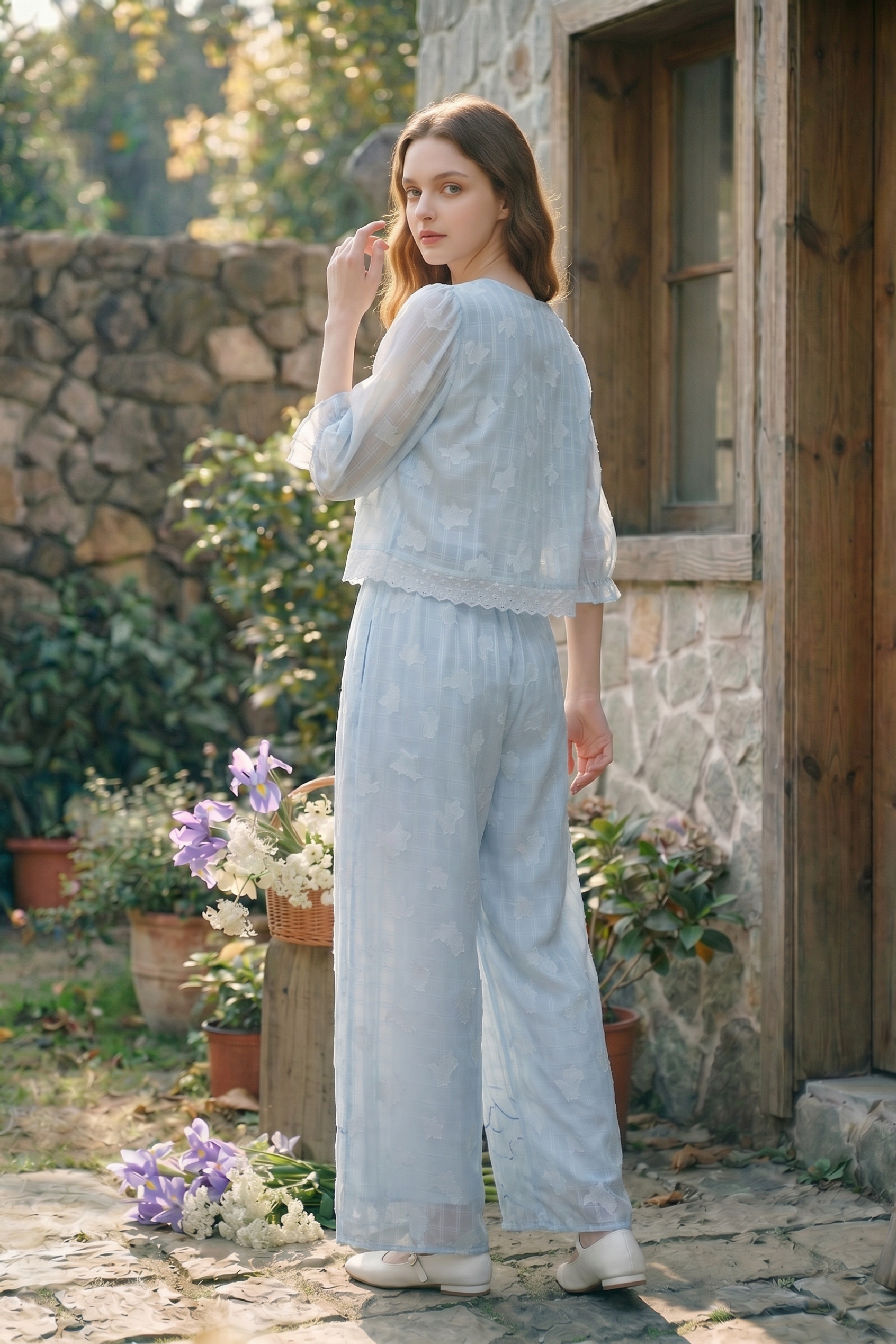 Lace Top and Printed Pants Set