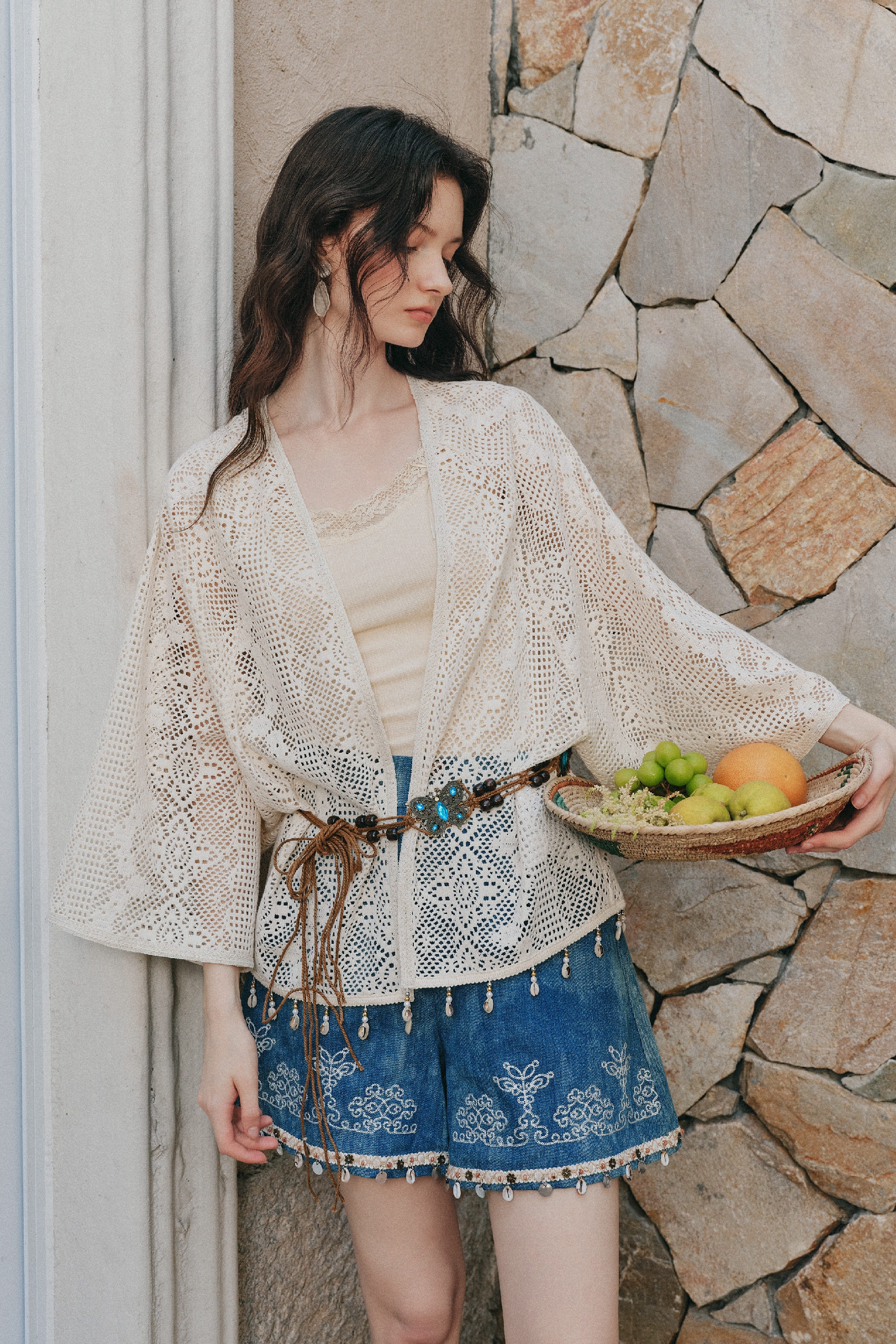 Lace Waist Cinched Short Cardigan-LYONSENS