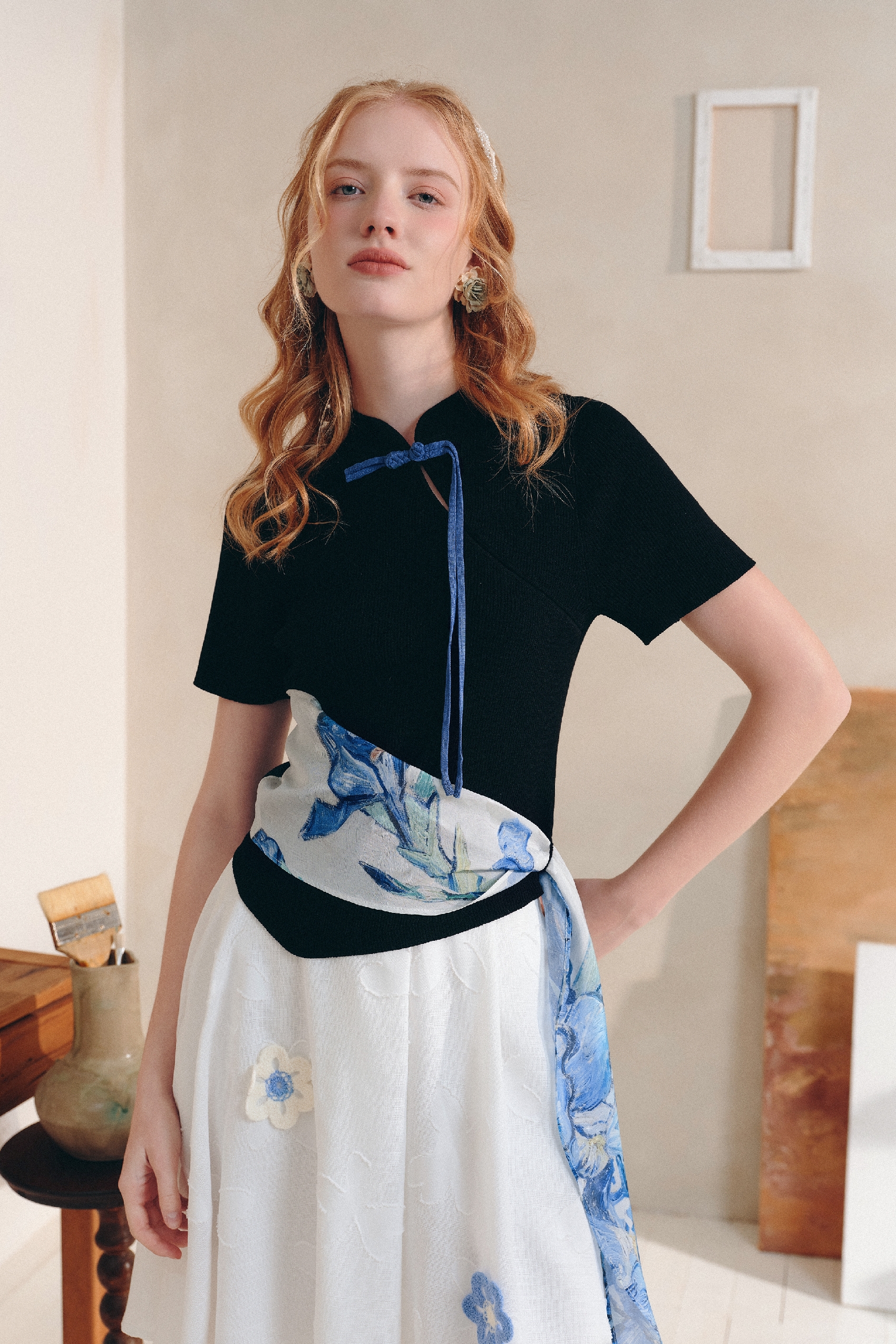 Printed Patchwork Knit Top