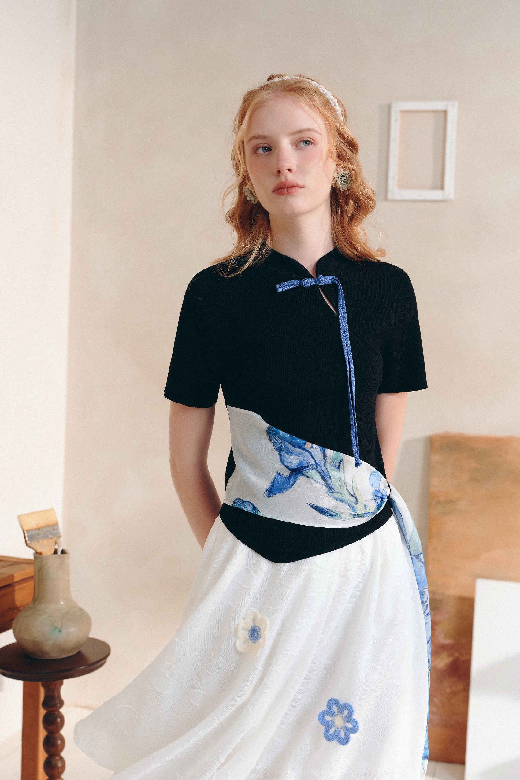 Printed Patchwork Knit Top