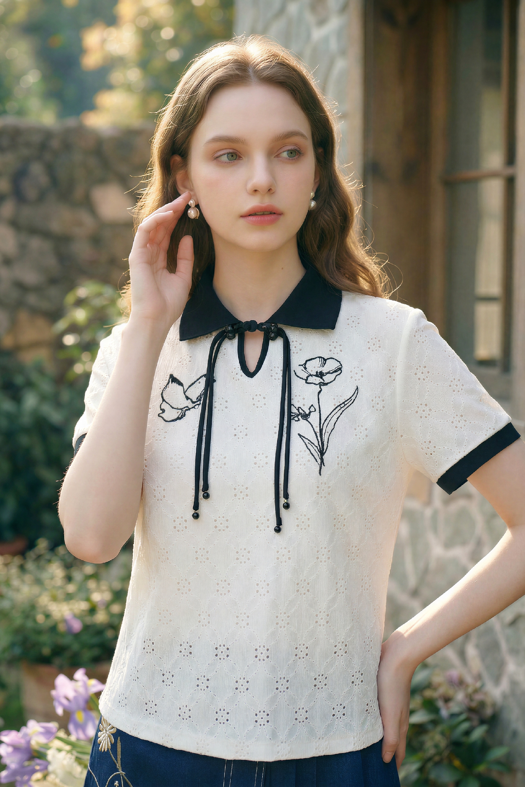 Lapel Embroidered Knit Top