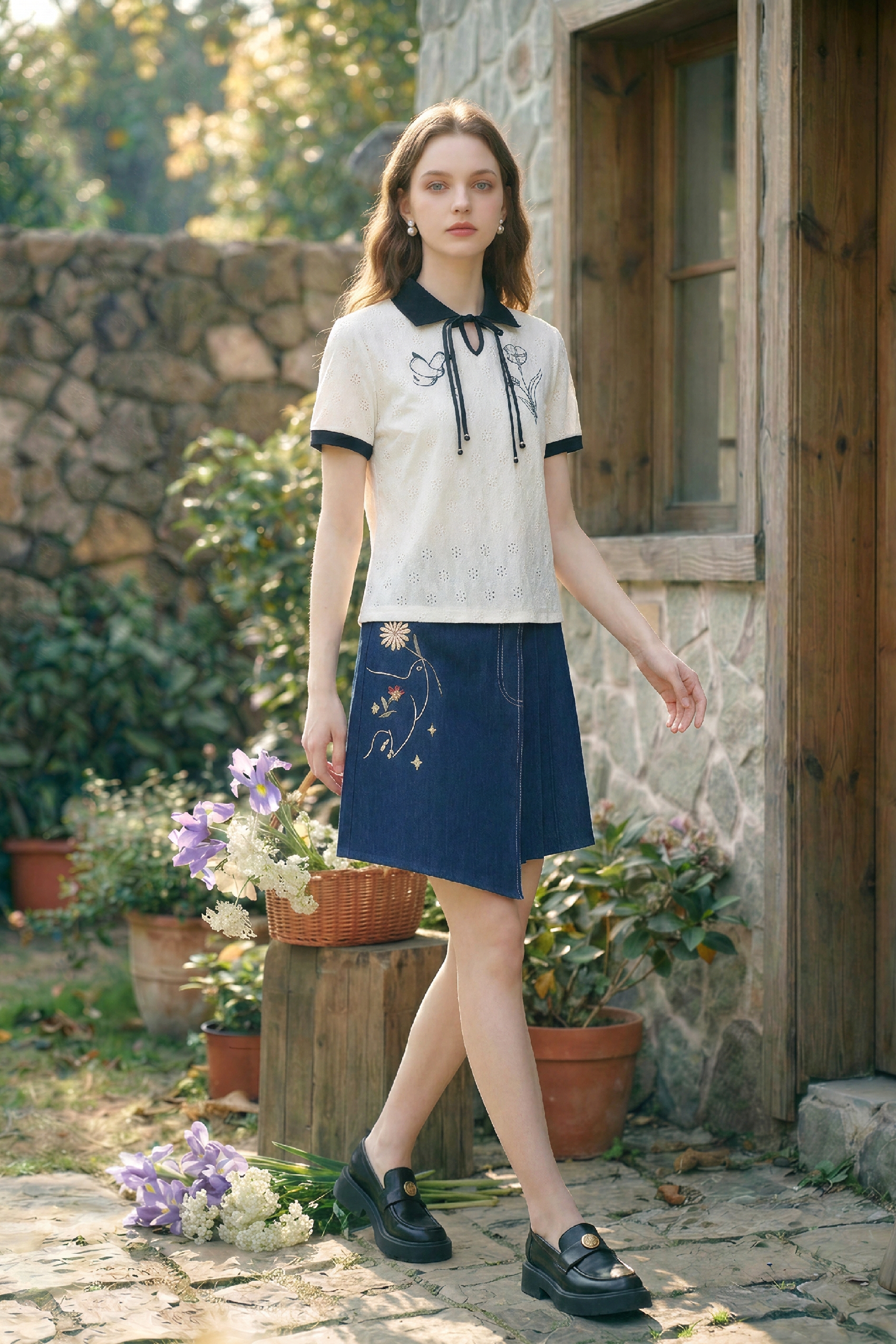 Lapel Embroidered Knit Top