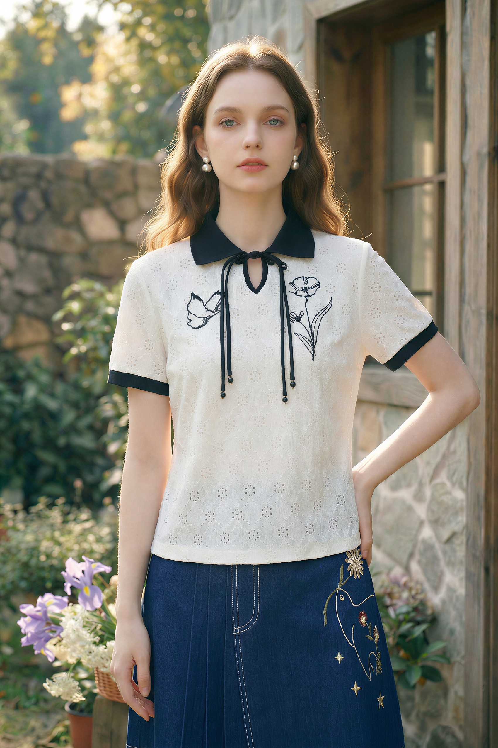 Lapel Embroidered Knit Top