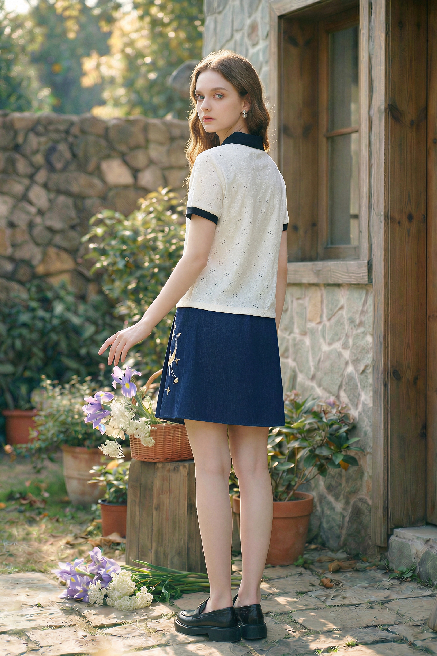 Lapel Embroidered Knit Top