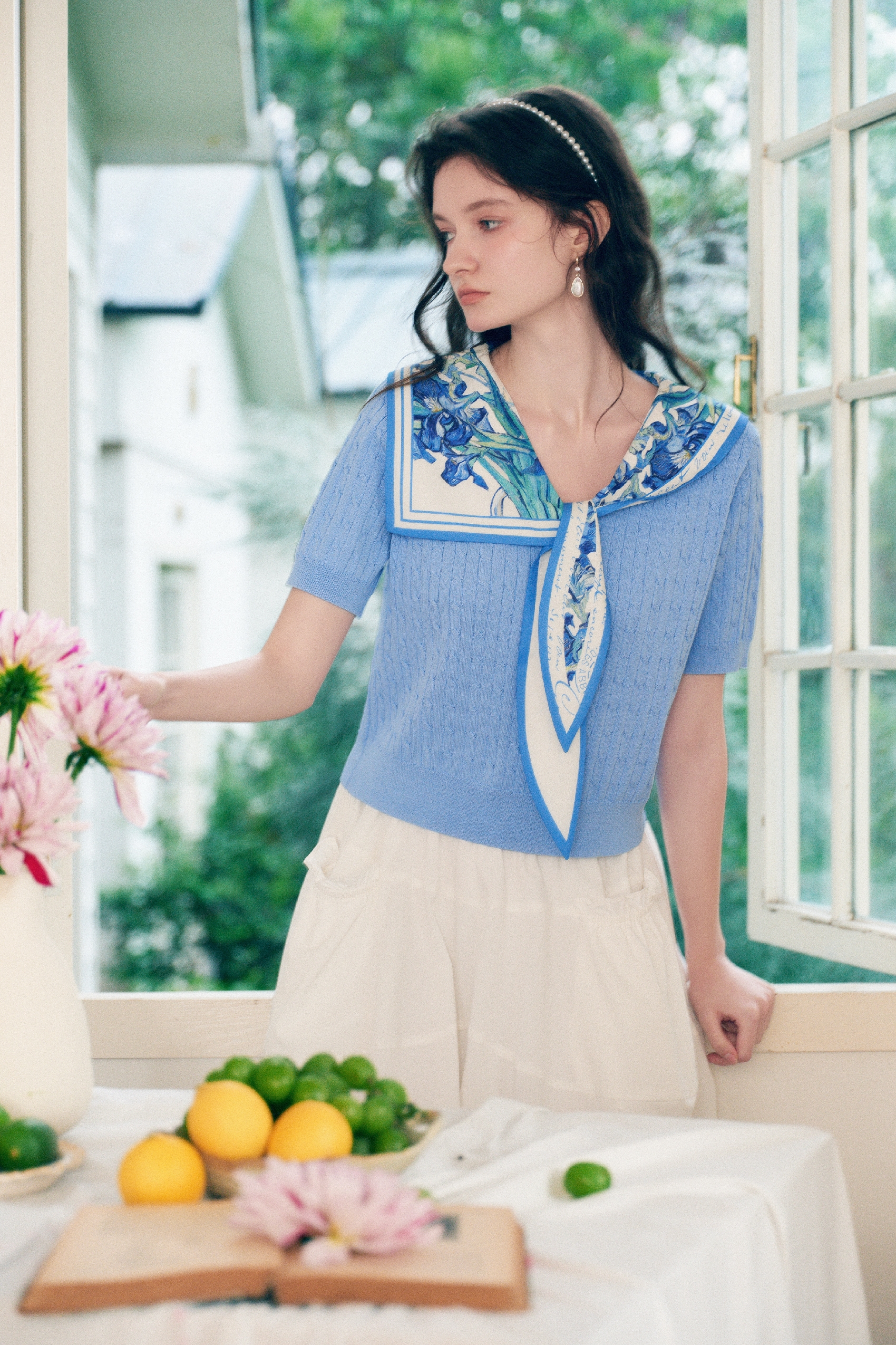 Printed Sailor Collar Knit Top