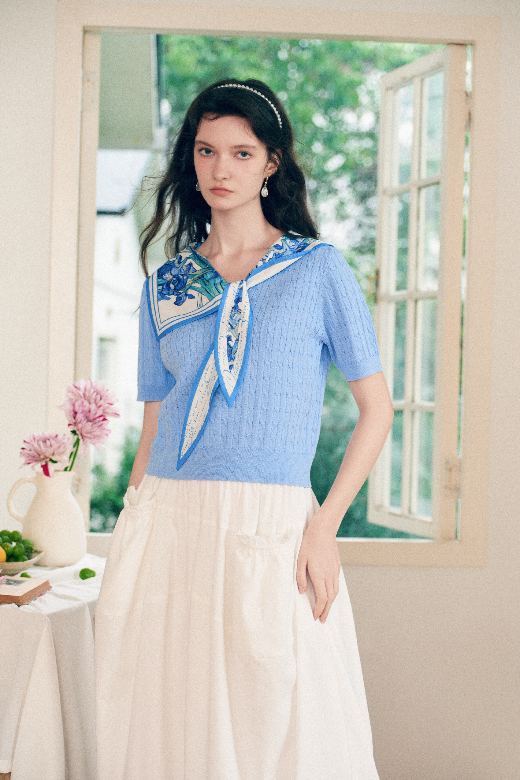 Printed Sailor Collar Knit Top