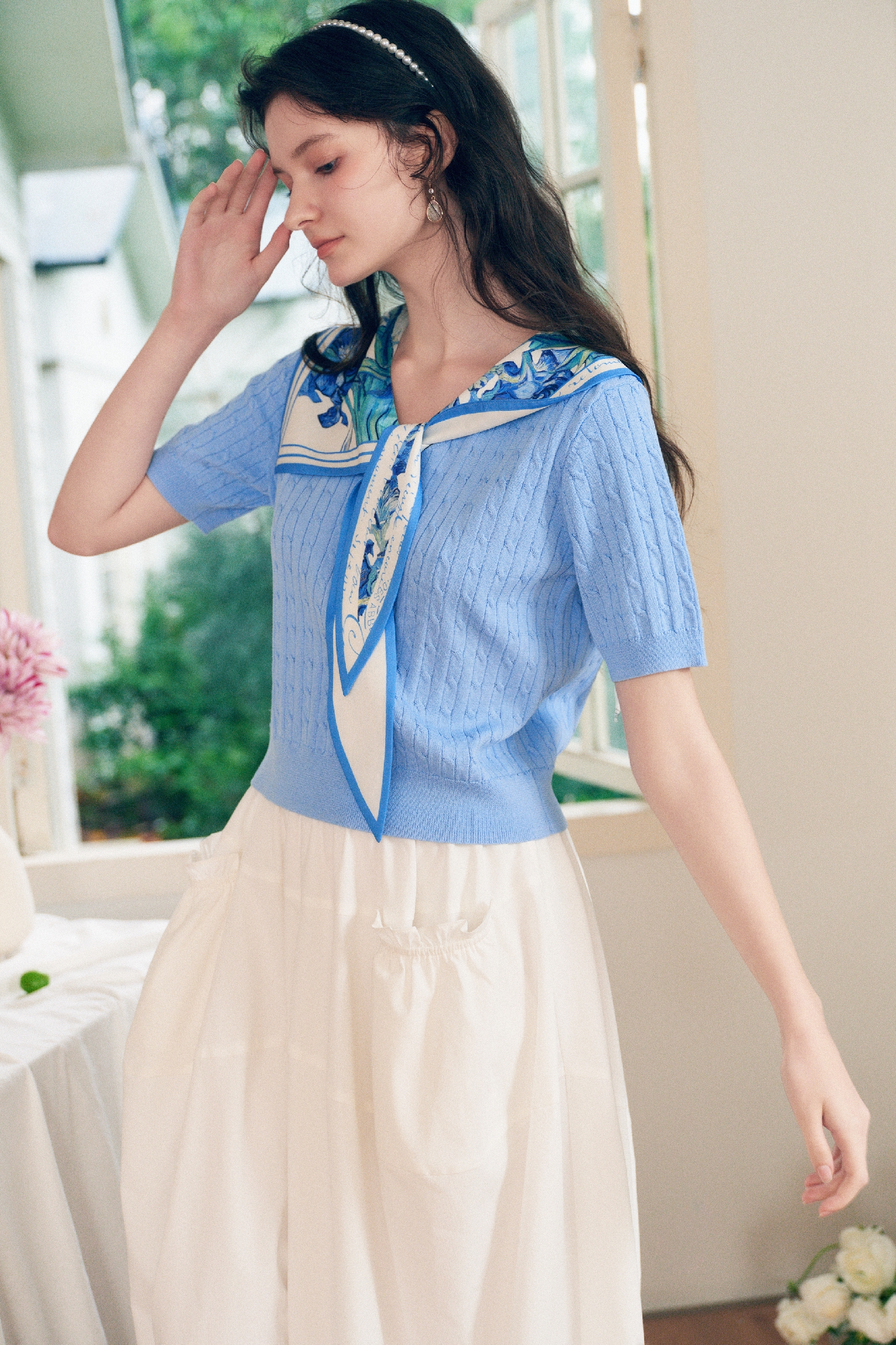 Printed Sailor Collar Knit Top