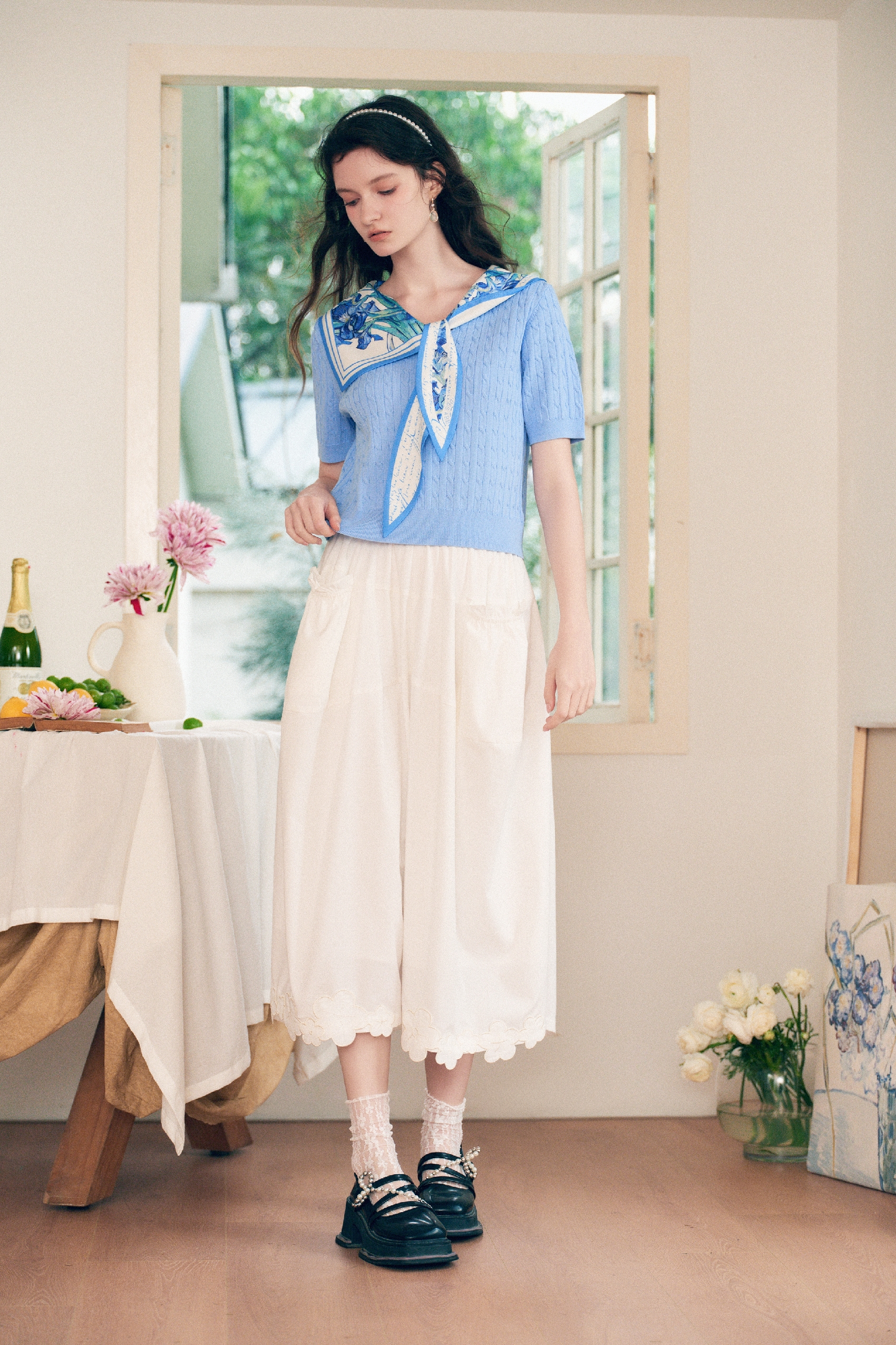 Printed Sailor Collar Knit Top
