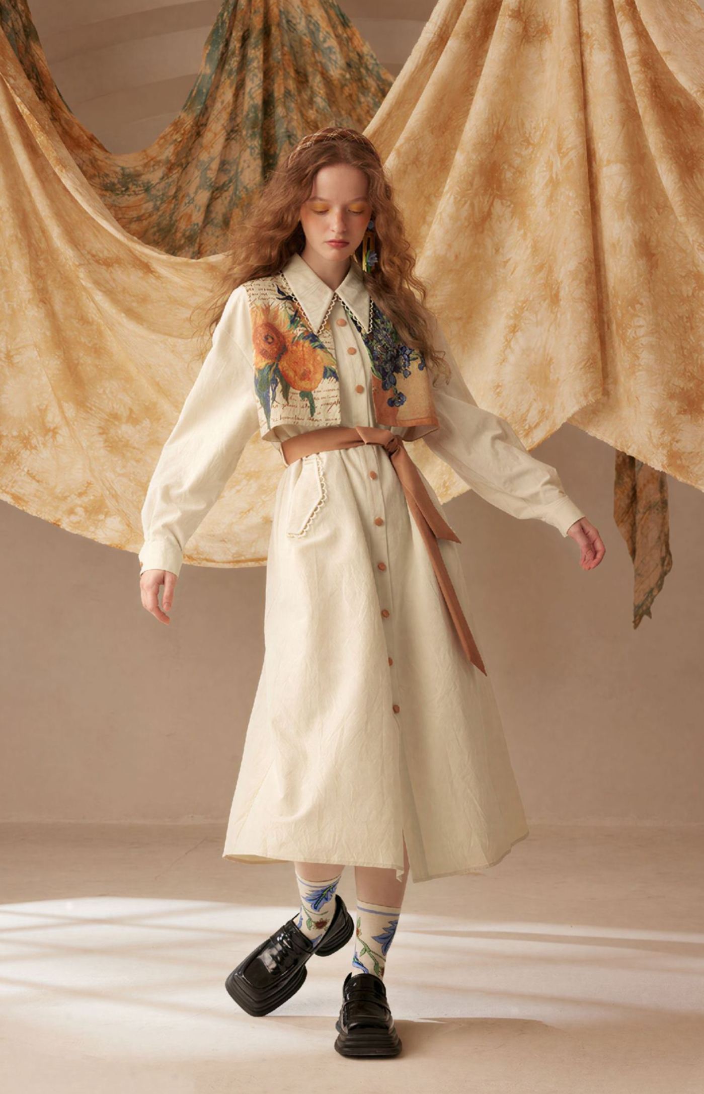 Van Gogh-Inspired Patchwork Print Layered-Look Tie Dress