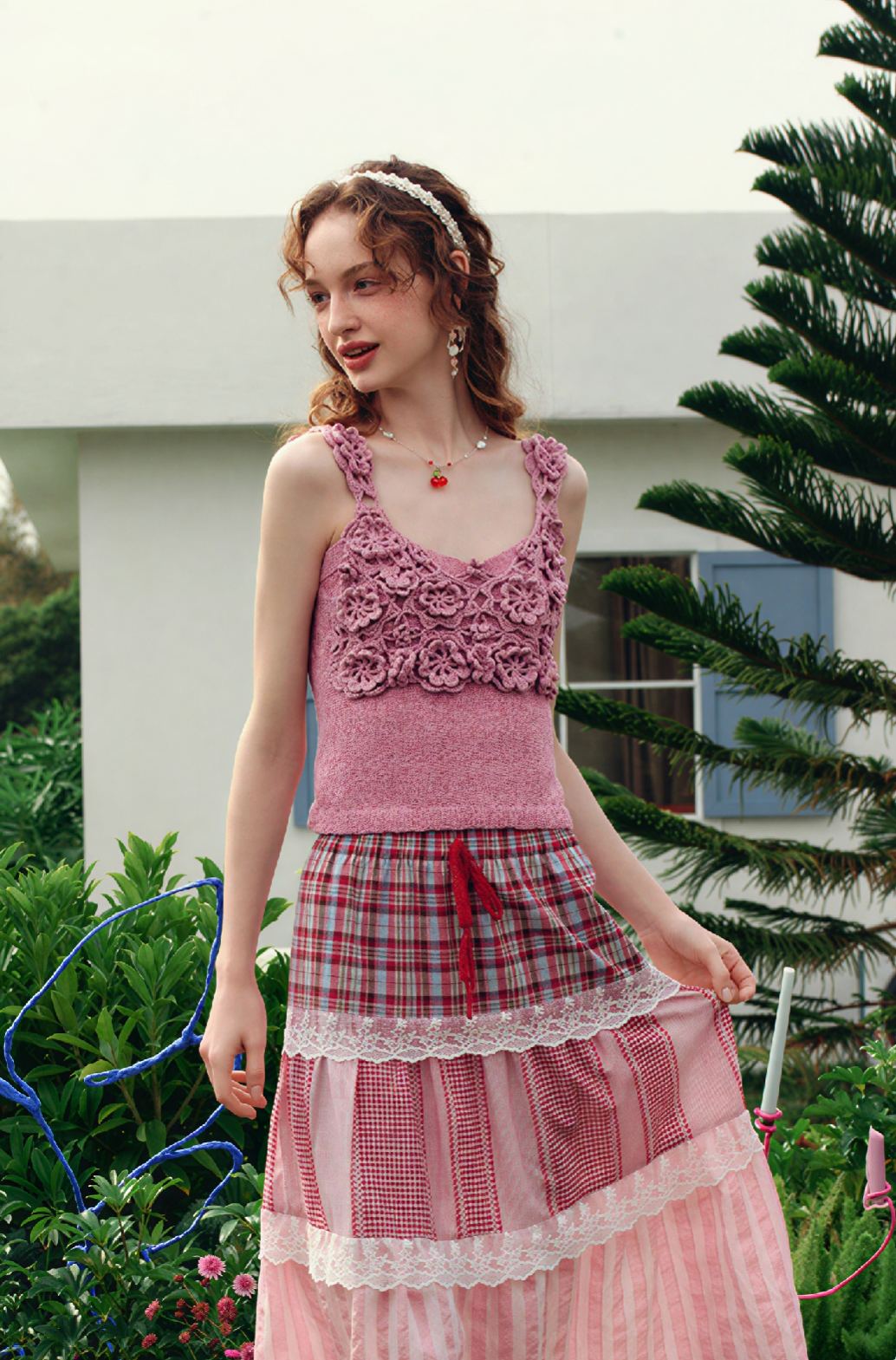 Blue Vintage Lace Plaid Skirt