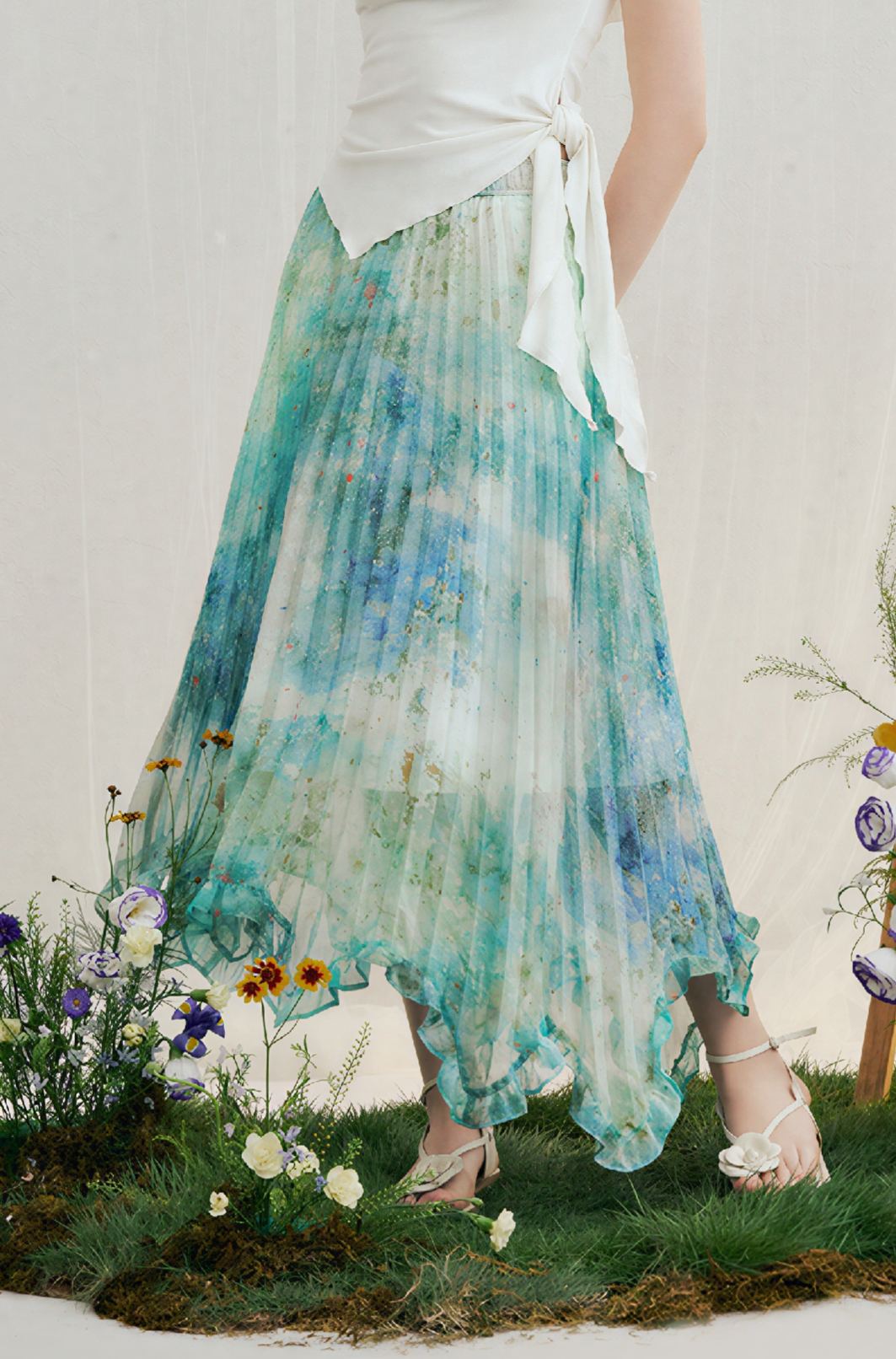 Vintage Printed Ruffle Pleated Skirt