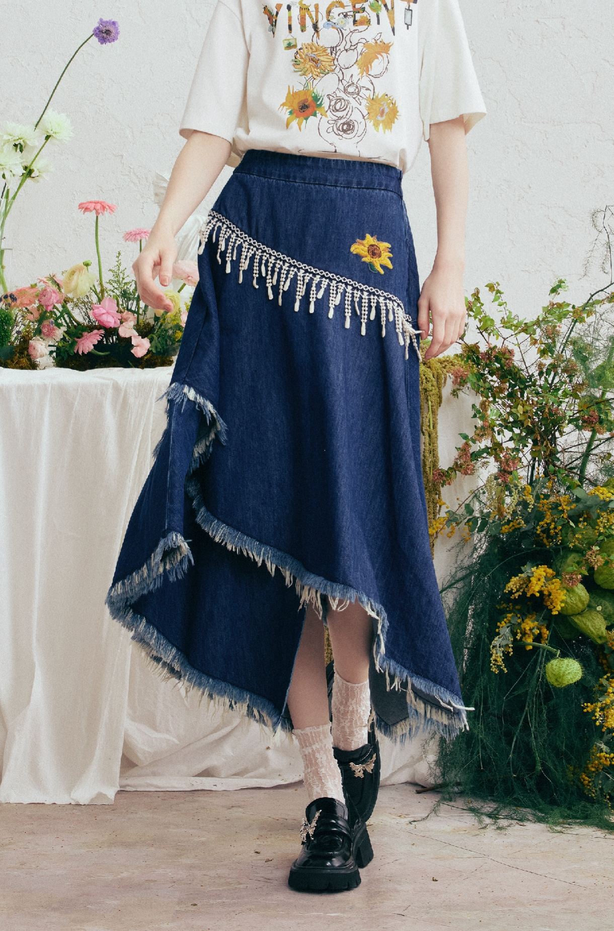 Blue Embroidered Midi Skirt